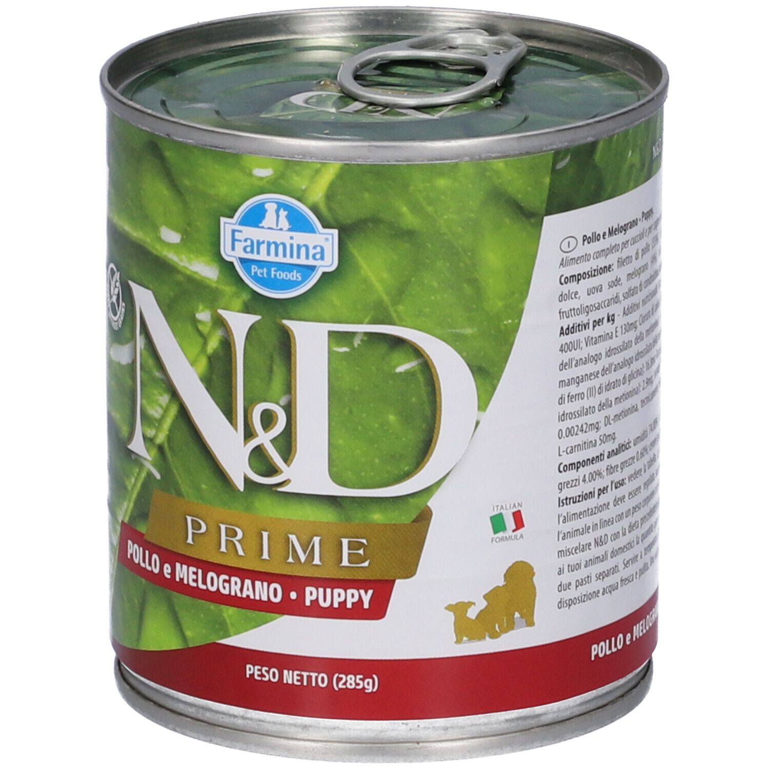 Hundefutterdose mit Etikett. Aufschrift N&D Prime, Huhn & Granatapfel. Logo Farmina Pet Foods. Dose mit Ring zum Öffnen.