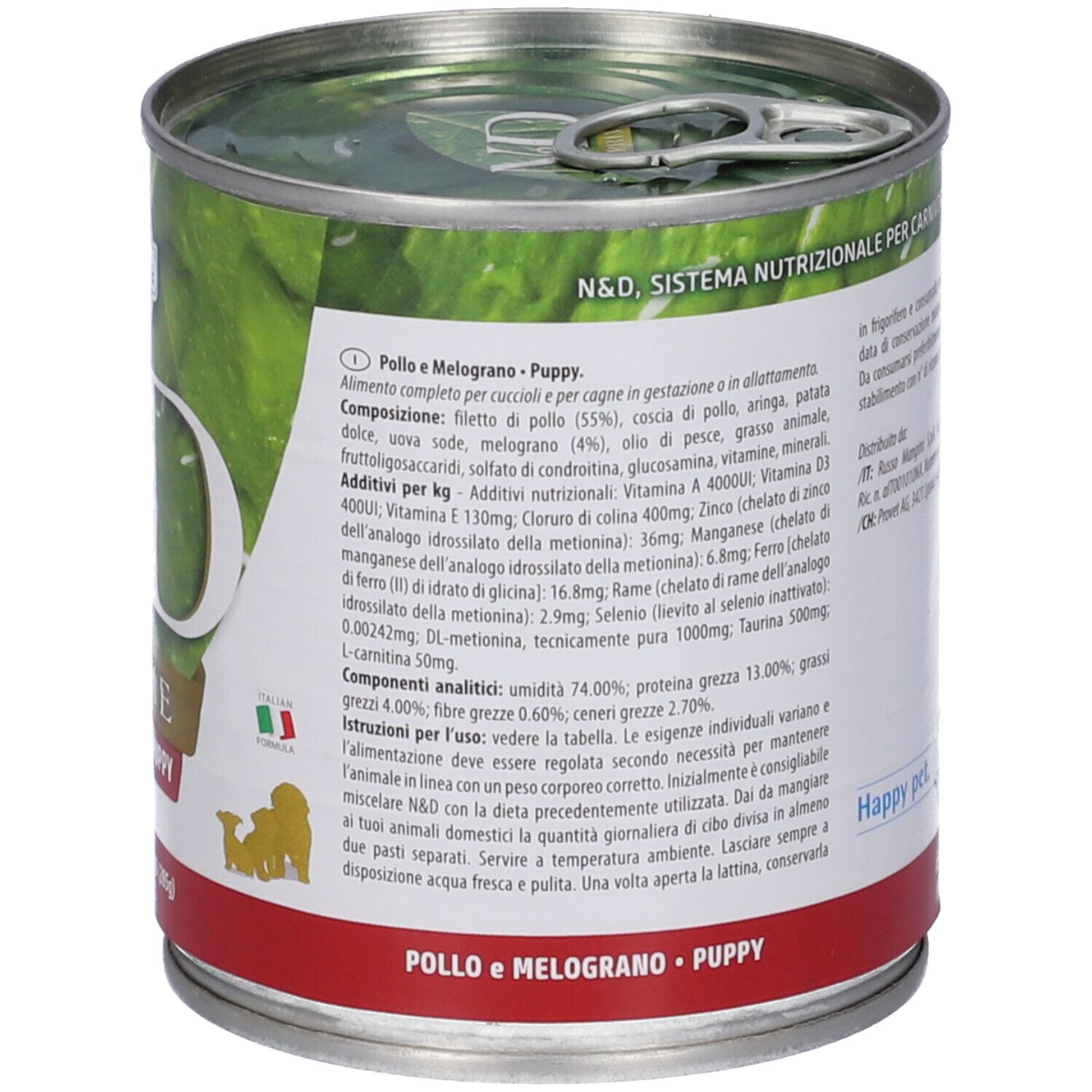 Hundefutterdose, Rückseite mit Text. Enthält Informationen zu Inhaltsstoffen und Fütterungsempfehlungen. Logo Happy pet, Farmina.