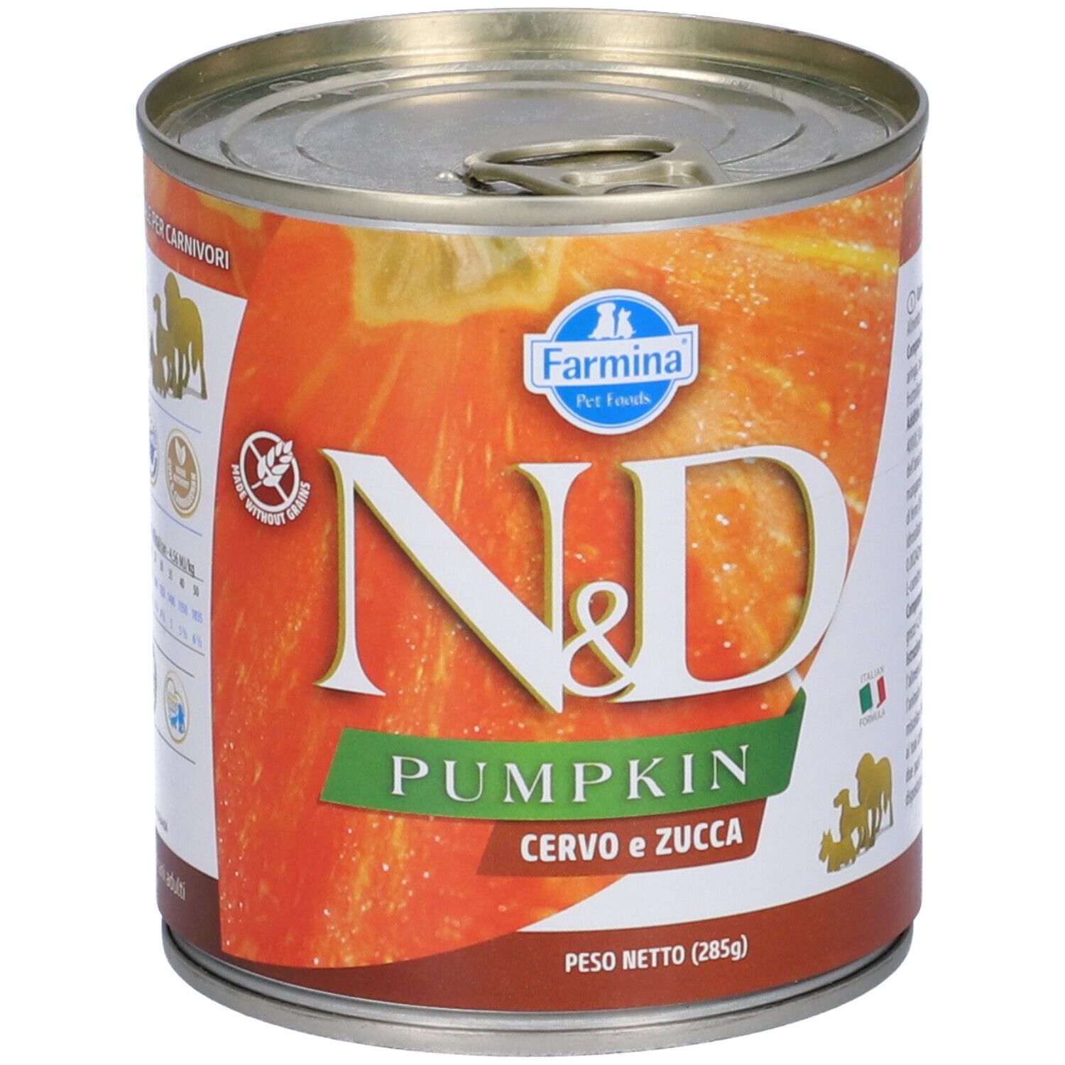 Hundefutterdose mit Etikett. Aufschrift: N&D Pumpkin, Cervo e Zucca. Farmina Logo. Dose mit Deckel.