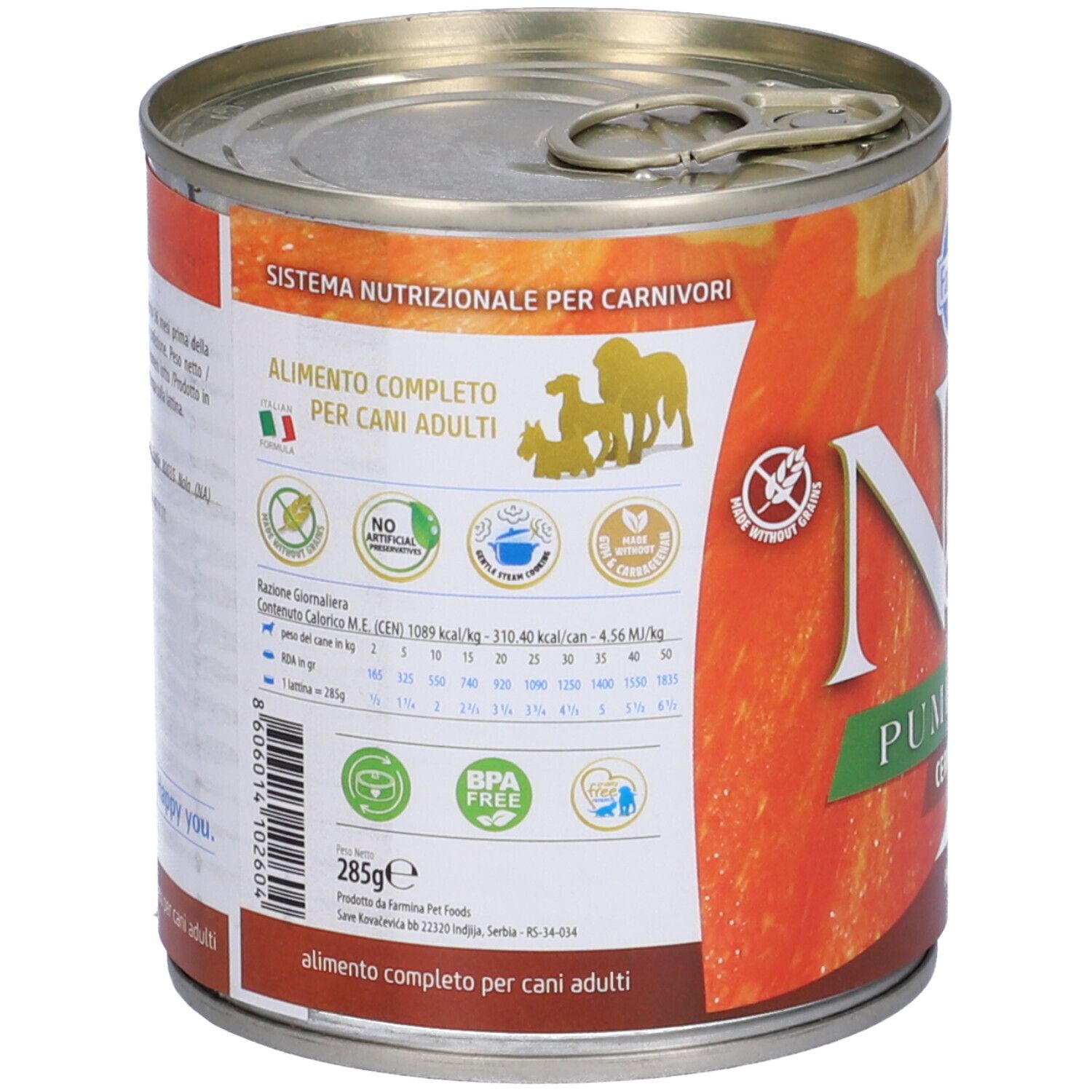 Hundefutterdose, Rückseite mit Nährwertangaben und Logos. Aufschrift: Alimento completo per cani adulti. BPA Free.