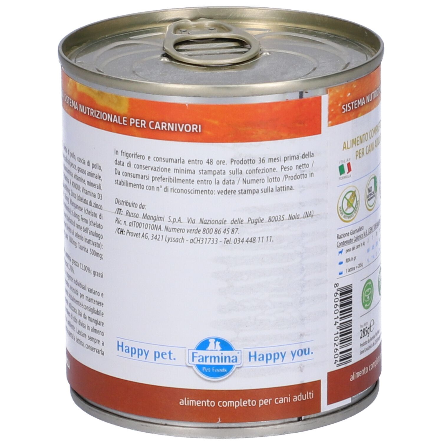 Hundefutterdose, Rückseite mit Text. Aufschrift: Sistema nutrizionale per carnivori. Happy pet. Farmina. Happy you.