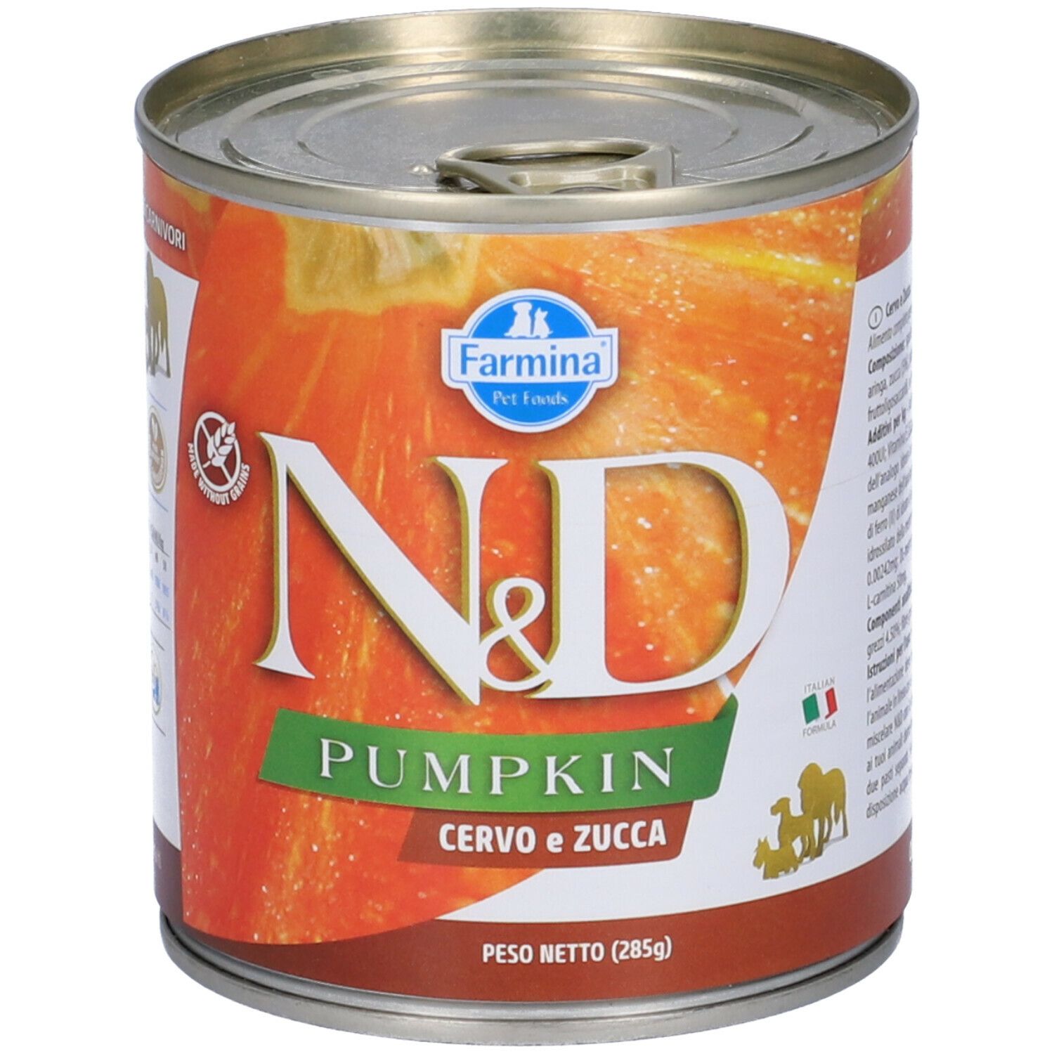 Hundefutterdose mit Etikett. Aufschrift: N&D Pumpkin, Cervo e Zucca. Farmina Logo. Dose mit Deckel.
