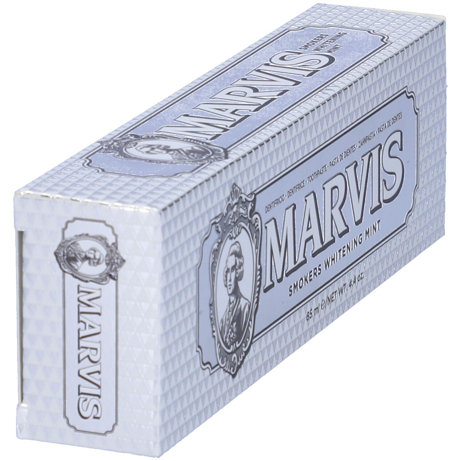 Schräg gestellte silberne Zahncreme-Verpackung. Logo und Produktbezeichnung deutlich sichtbar.