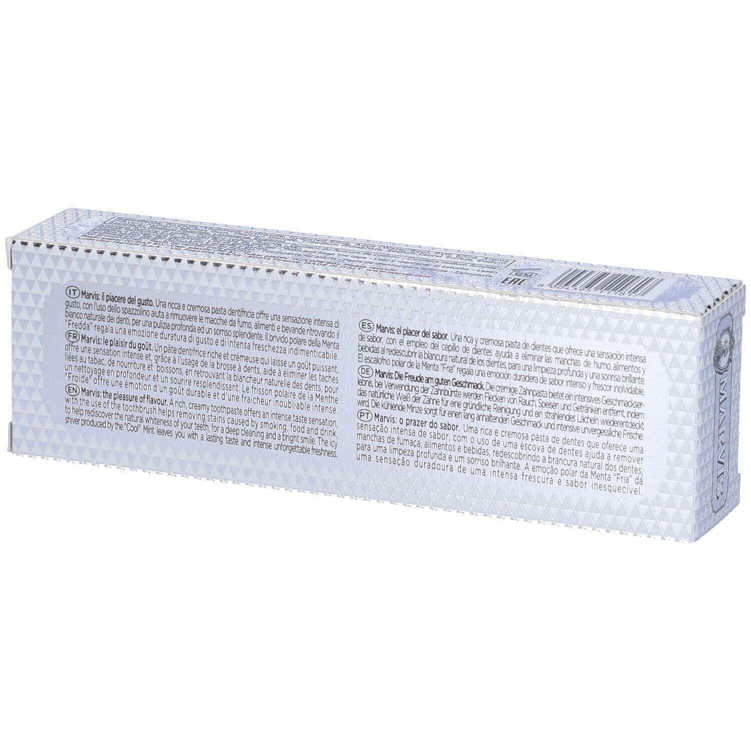 Rückseite der silbernen Zahncreme-Verpackung. Text in mehreren Sprachen.