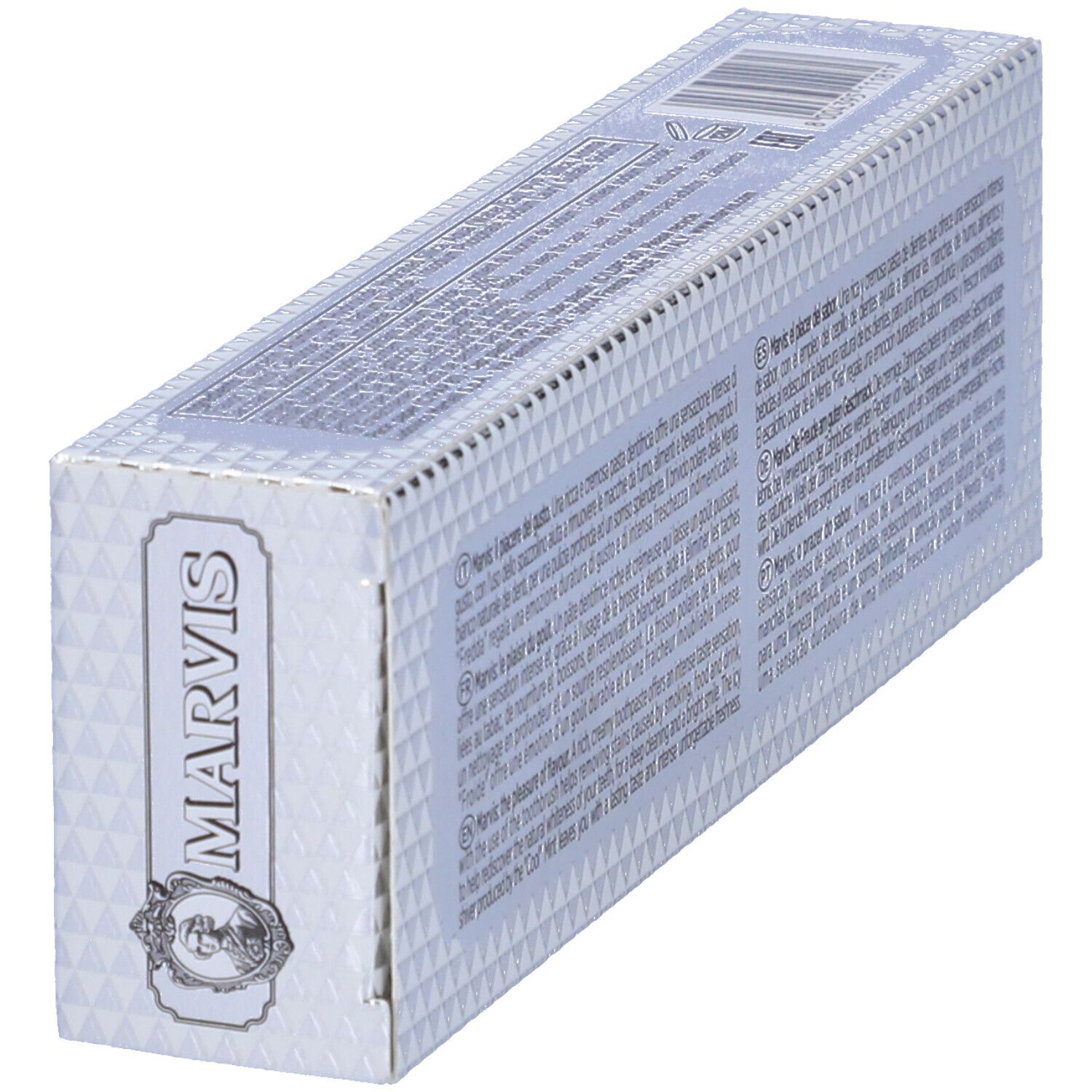 Schräg gestellte silberne Zahncreme-Verpackung. Rückseite mit Text und Barcode.