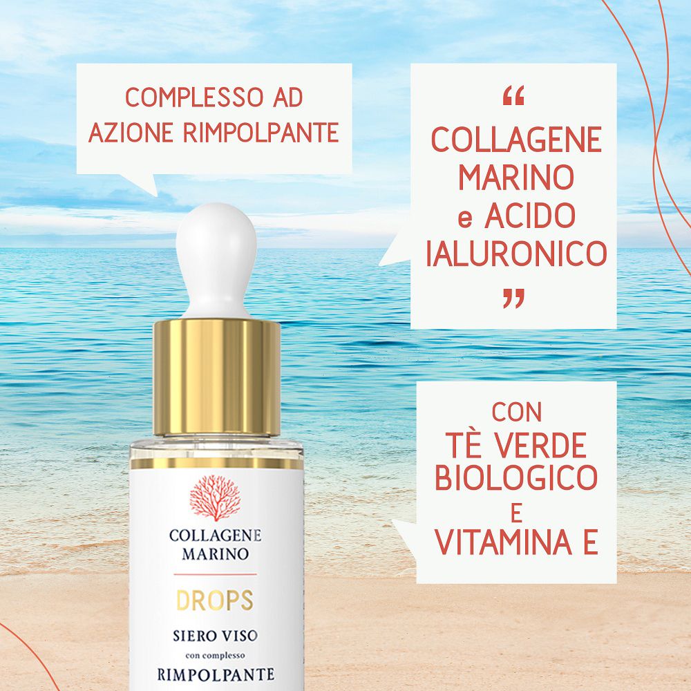 Collagene Marino Gesichtsserum Flasche mit Textblasen: Kollagen, Hyaluronsäure, grüner Tee, Vitamin E.