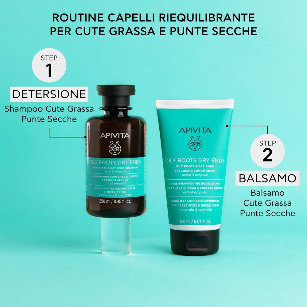 Zwei Apivita Haarpflegeprodukte: Shampoo (250ml) und Balsam (150ml) für fettige Ansätze und trockene Spitzen.