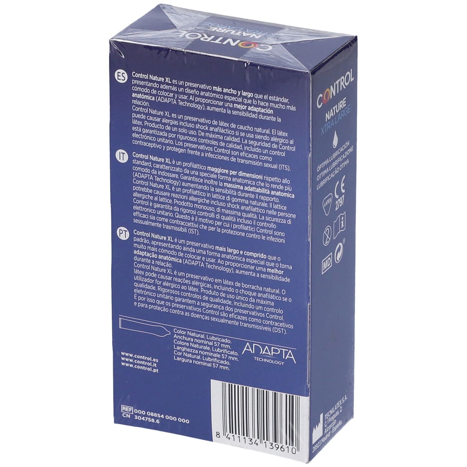 Rückseite der Packung Control Nature Xtra Large Kondome mit Produktinformationen.