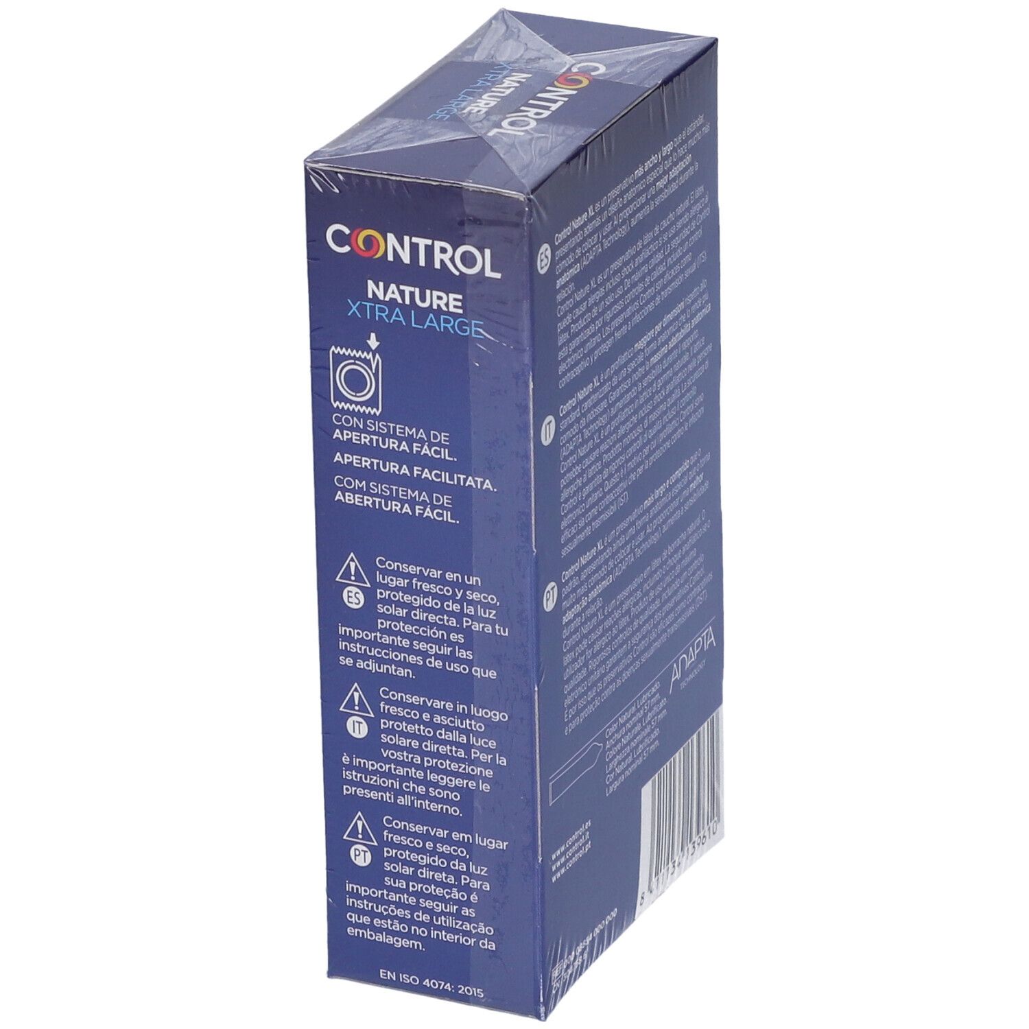 Seite der Packung Control Nature Xtra Large Kondome mit Anwendungshinweisen.