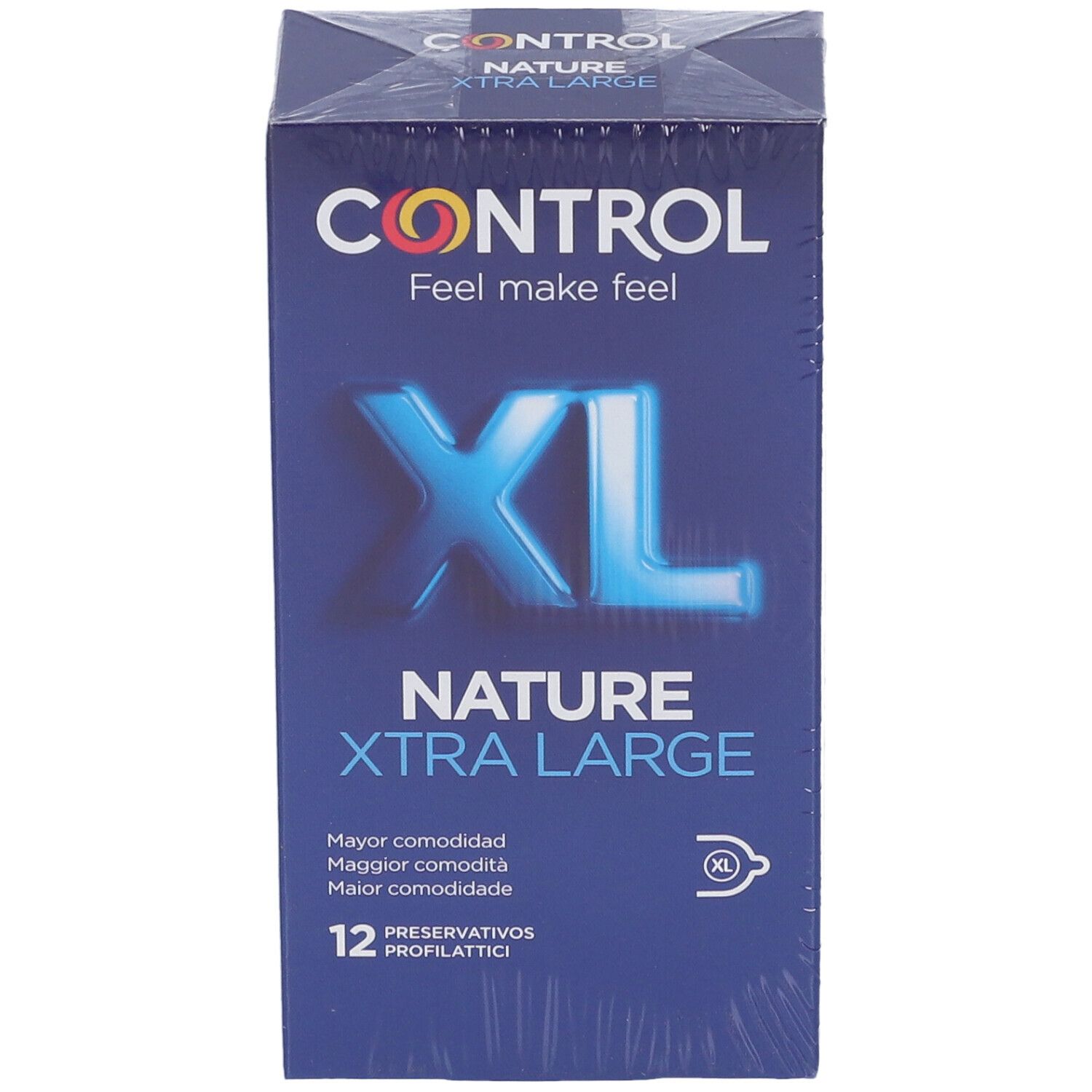 Packung mit 12 Control Nature Xtra Large Kondomen, blaue Schrift auf blauem Grund.