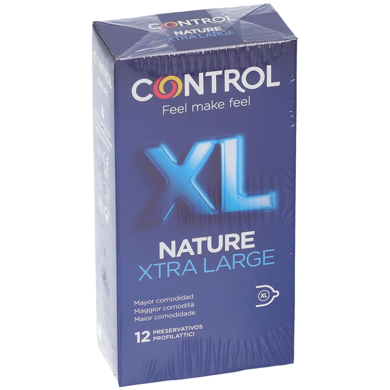 Packung mit 12 Control Nature Xtra Large Kondomen, blaue Schrift auf blauem Grund.
