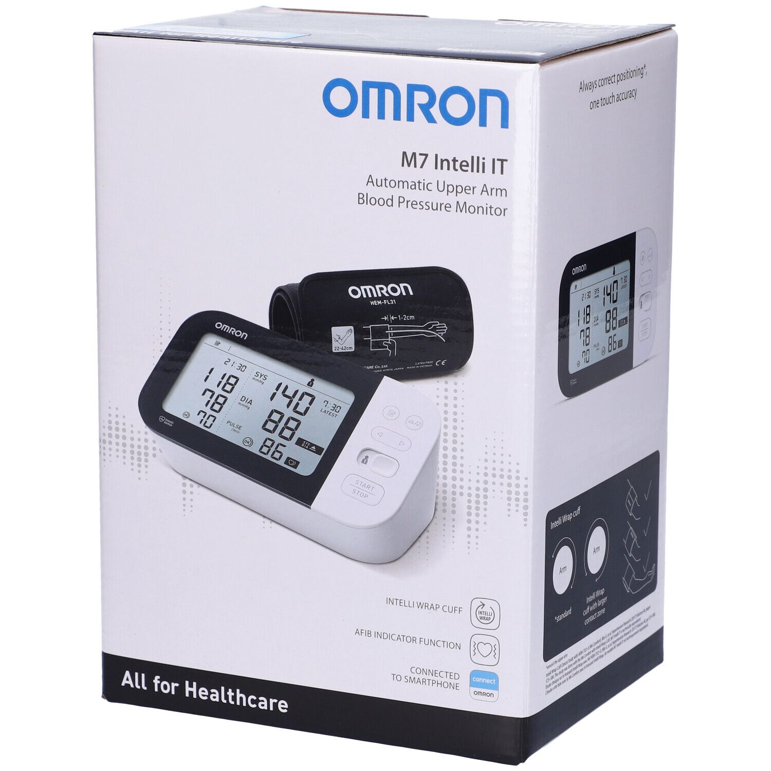 Omron M7 Intelli IT Blutdruckmessgerät in Verpackung. Gerät und Manschette sichtbar. Text: All for Healthcare.