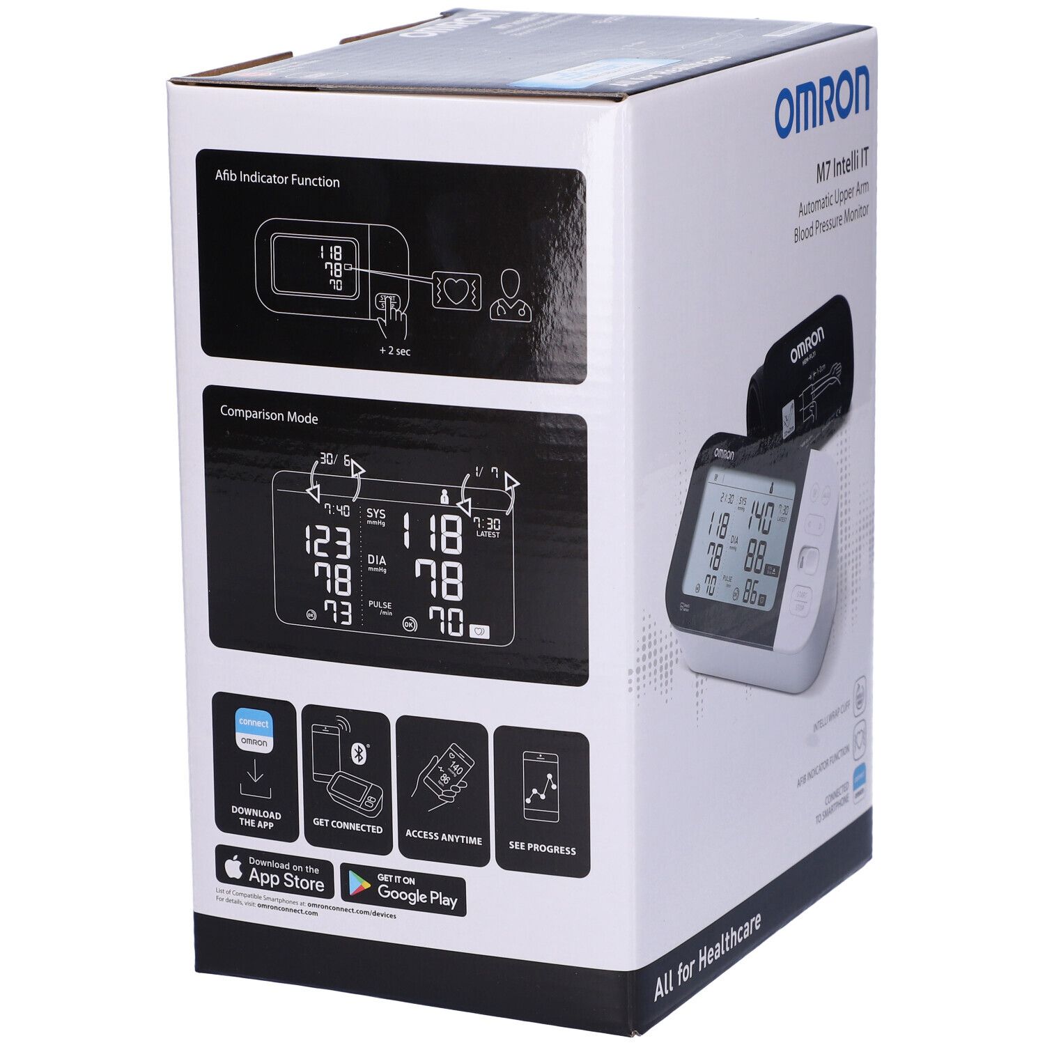 Omron M7 Intelli IT Verpackung. Diagramme und Piktogramme. Text: Download the App, Get Connected, Access Anytime, See Progress.
