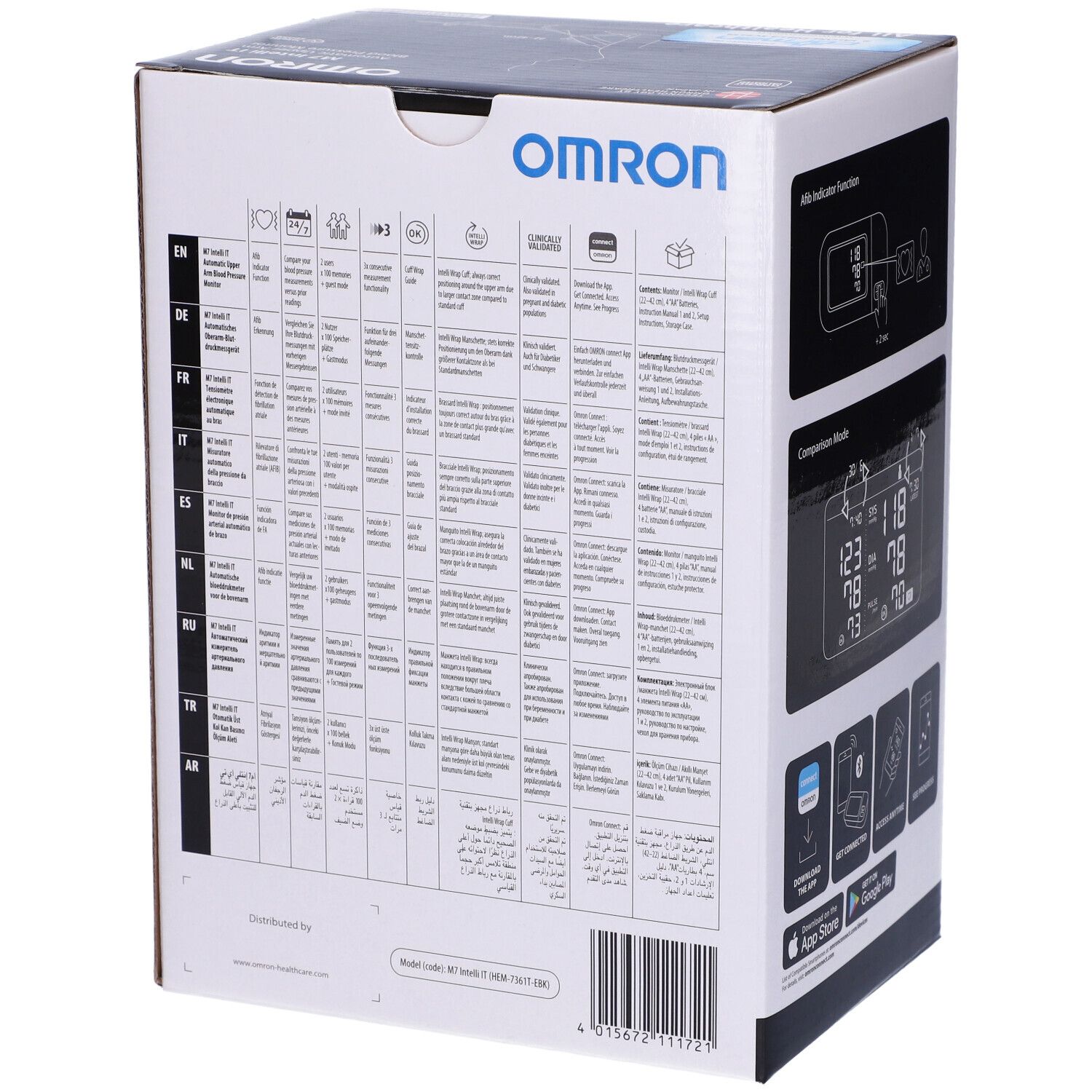 Rückseite der Omron M7 Intelli IT Verpackung. Mehrsprachige Tabellen mit Produktinformationen und Piktogrammen.