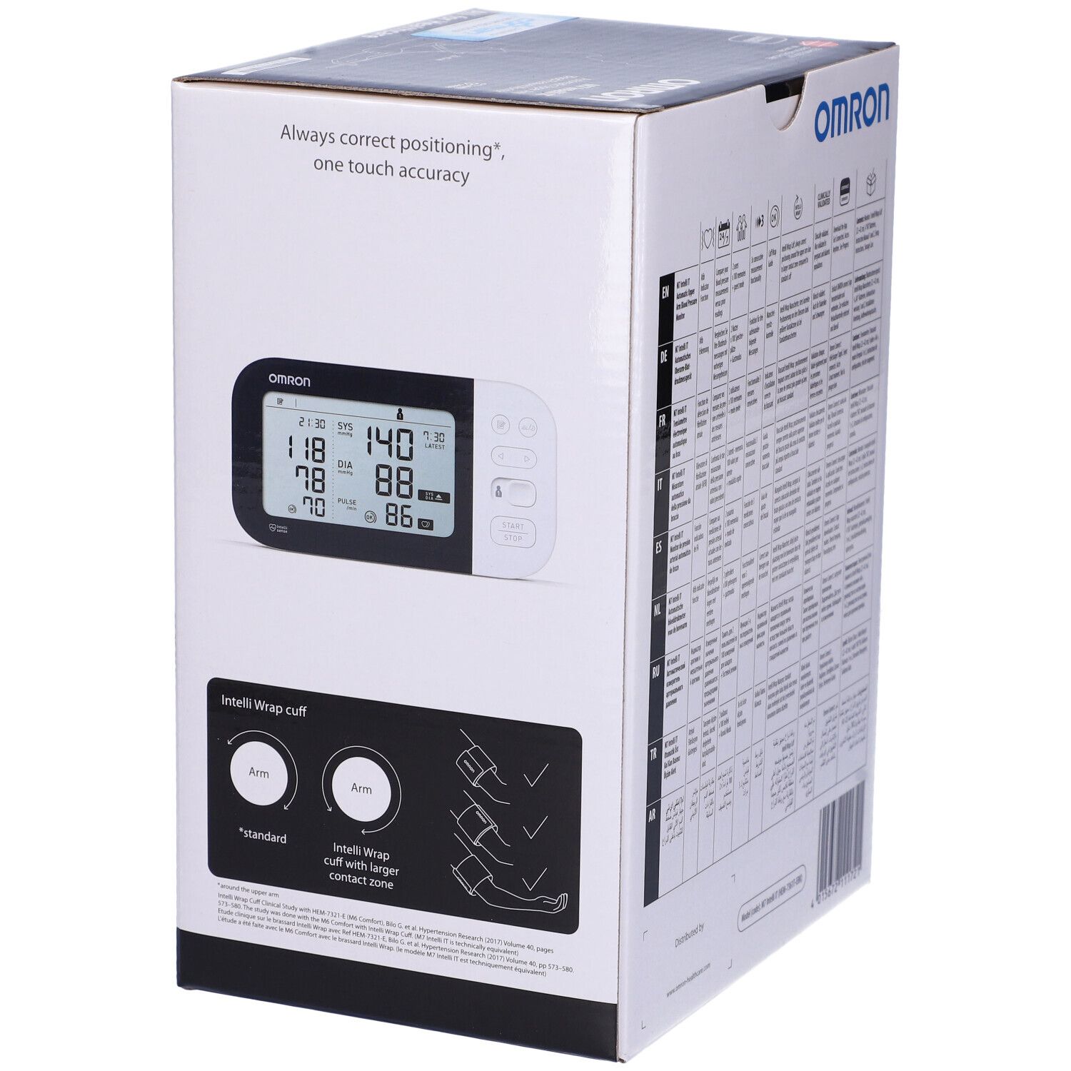 Omron M7 Intelli IT Verpackung. Gerät mit Display und Manschette. Text: Always correct positioning, one touch accuracy.