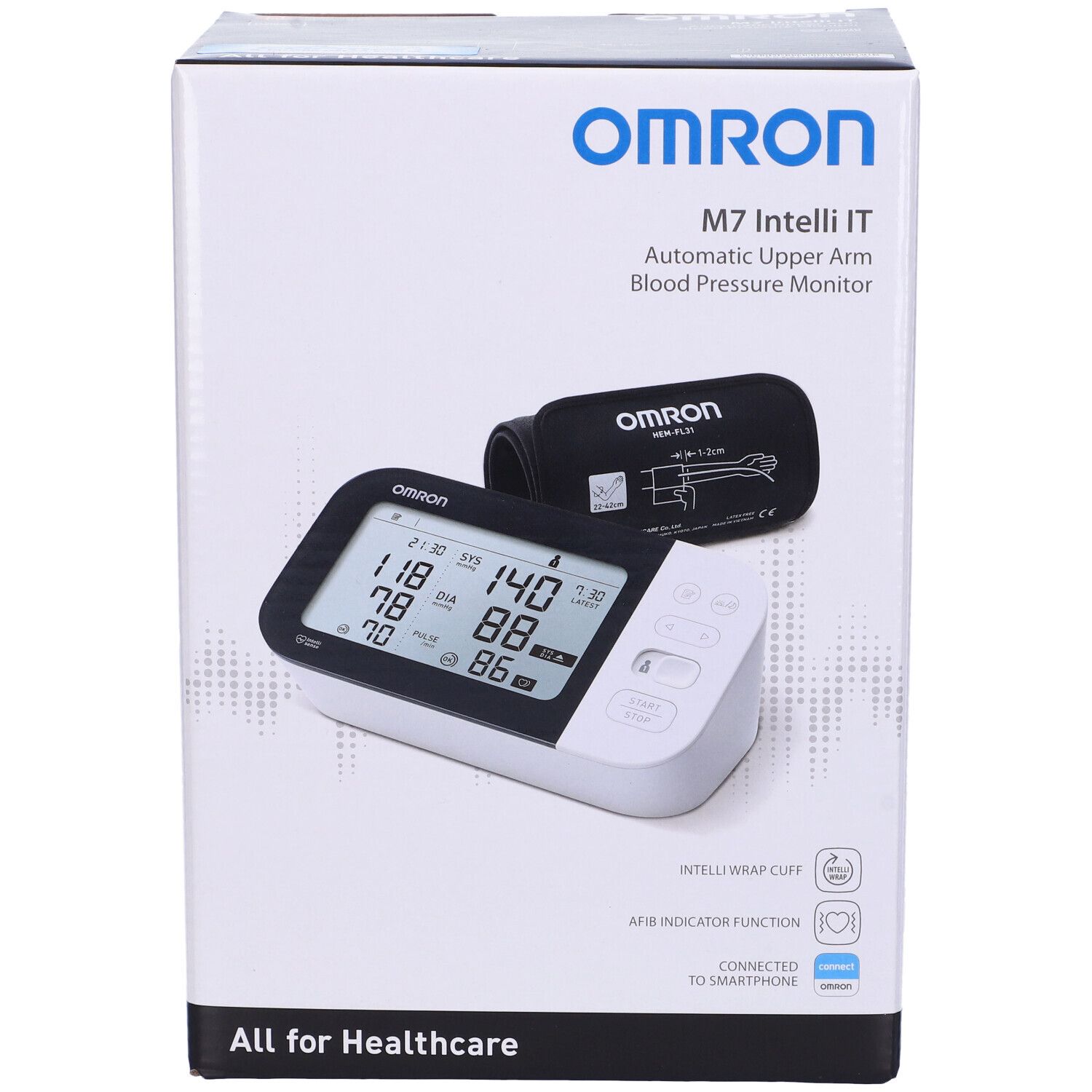 Omron M7 Intelli IT Blutdruckmessgerät in Verpackung. Gerät, Manschette und Display sichtbar. Text: All for Healthcare.