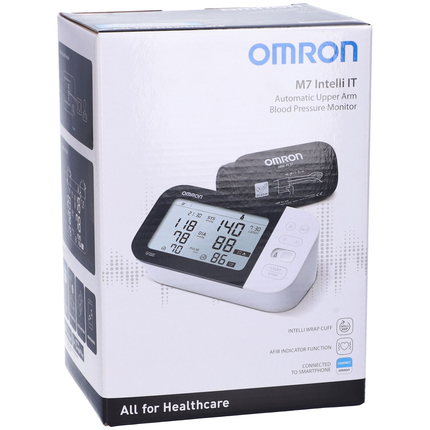 Omron M7 Intelli IT Blutdruckmessgerät in Verpackung. Gerät, Manschette und Display sichtbar. Text: All for Healthcare.