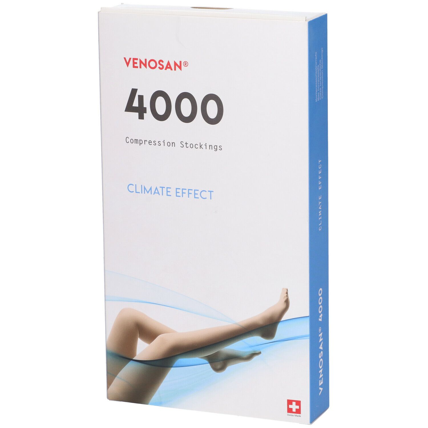 Venosan 4000 Kompressionsstrümpfe. Verpackung, Seitenansicht. Schweizer Kreuz.