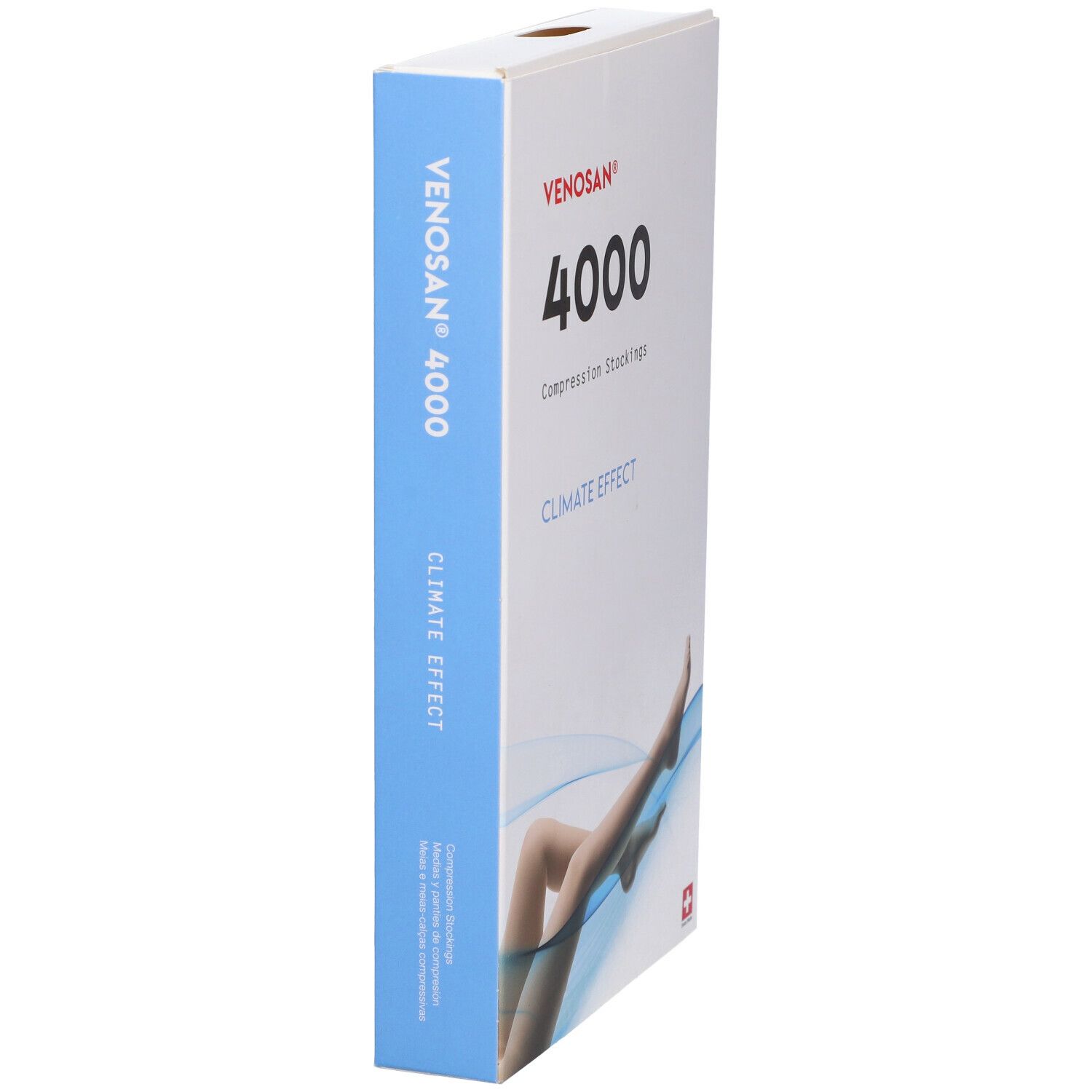 Venosan 4000 Kompressionsstrümpfe. Verpackung, Seitenansicht. Schweizer Kreuz.