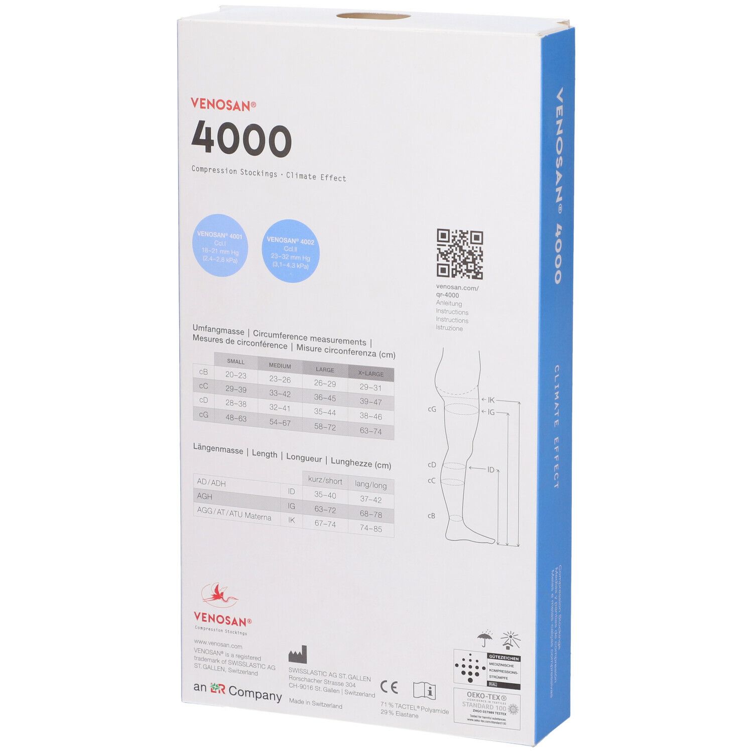 Venosan 4000 Kompressionsstrümpfe. Rückseite der Verpackung mit Maßtabelle.