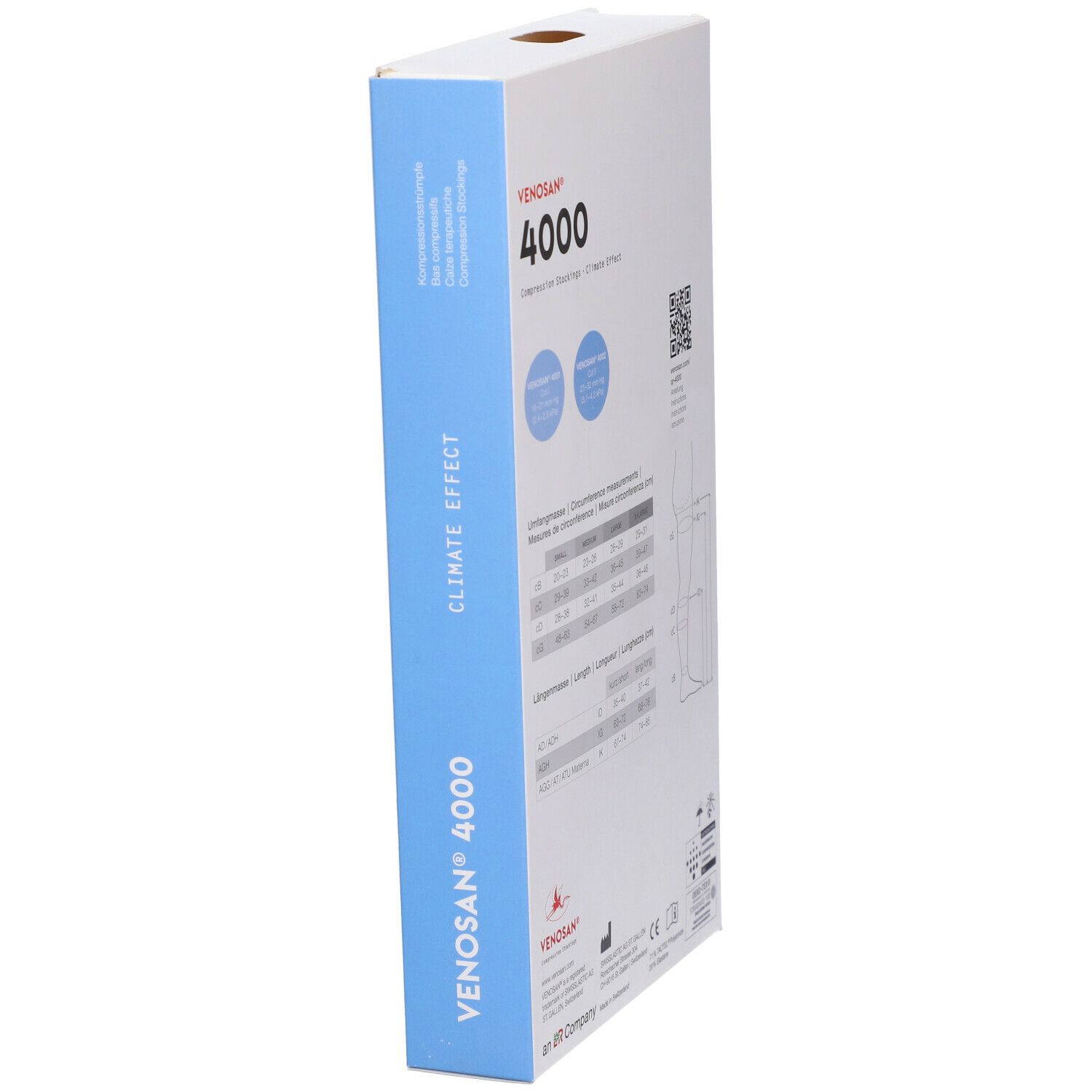 Venosan 4000 Kompressionsstrümpfe. Verpackung, Seitenansicht. Maßtabelle.