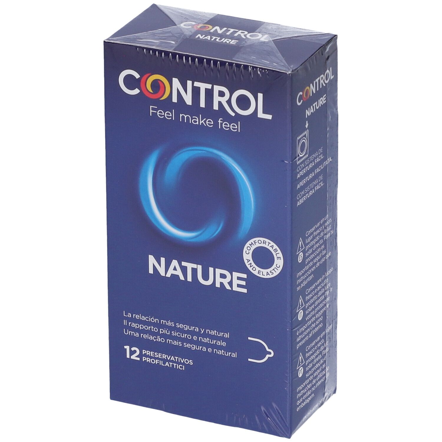 Blau verpackte Schachtel mit CONTROL NATURE Kondomen. Aufschrift: Feel make feel. 12 Stück. Komfortabel und elastisch.