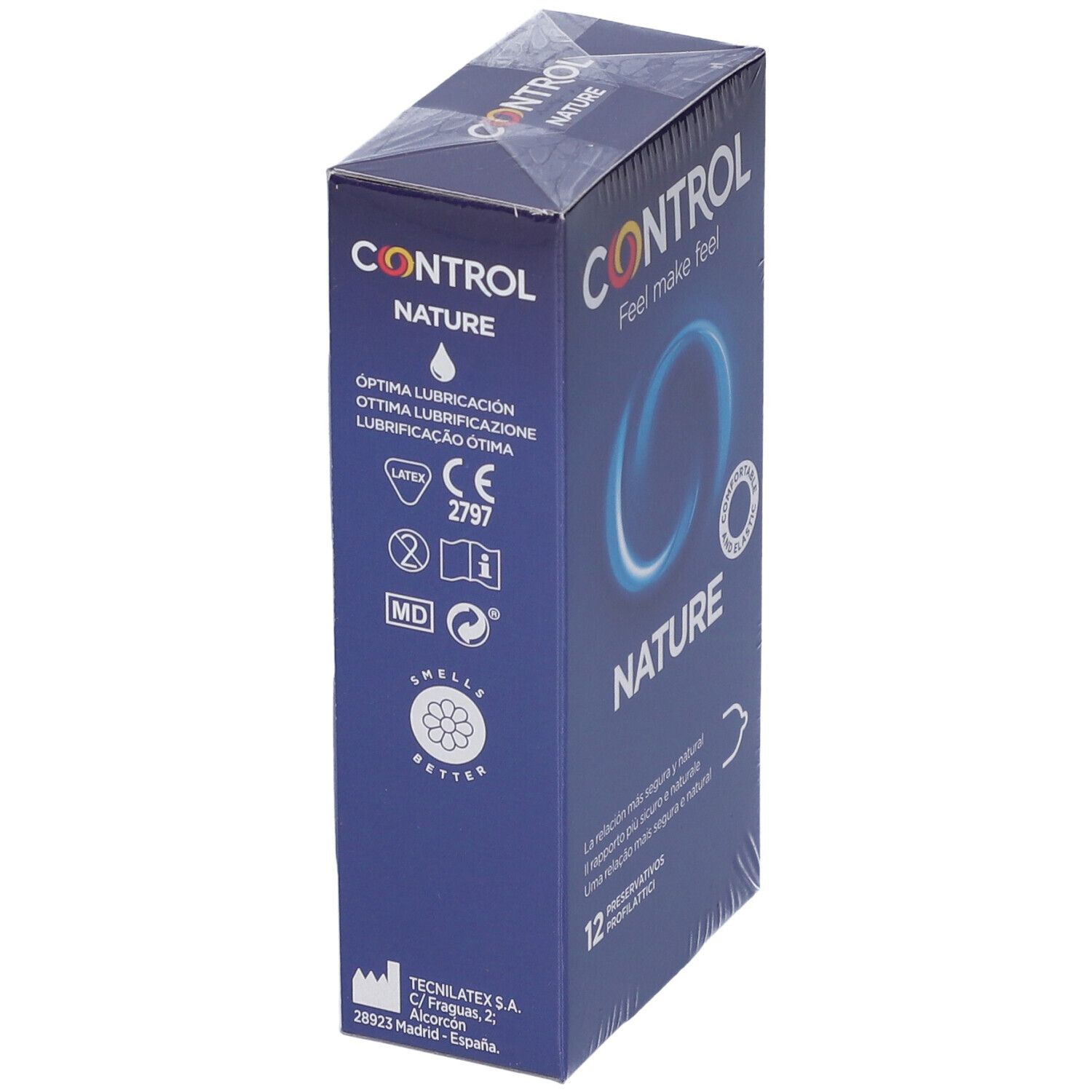 Blaue Schachtel mit CONTROL NATURE Kondomen. Aufschrift: Optimale Schmierung. CE 2797. Latex. 12 Stück.