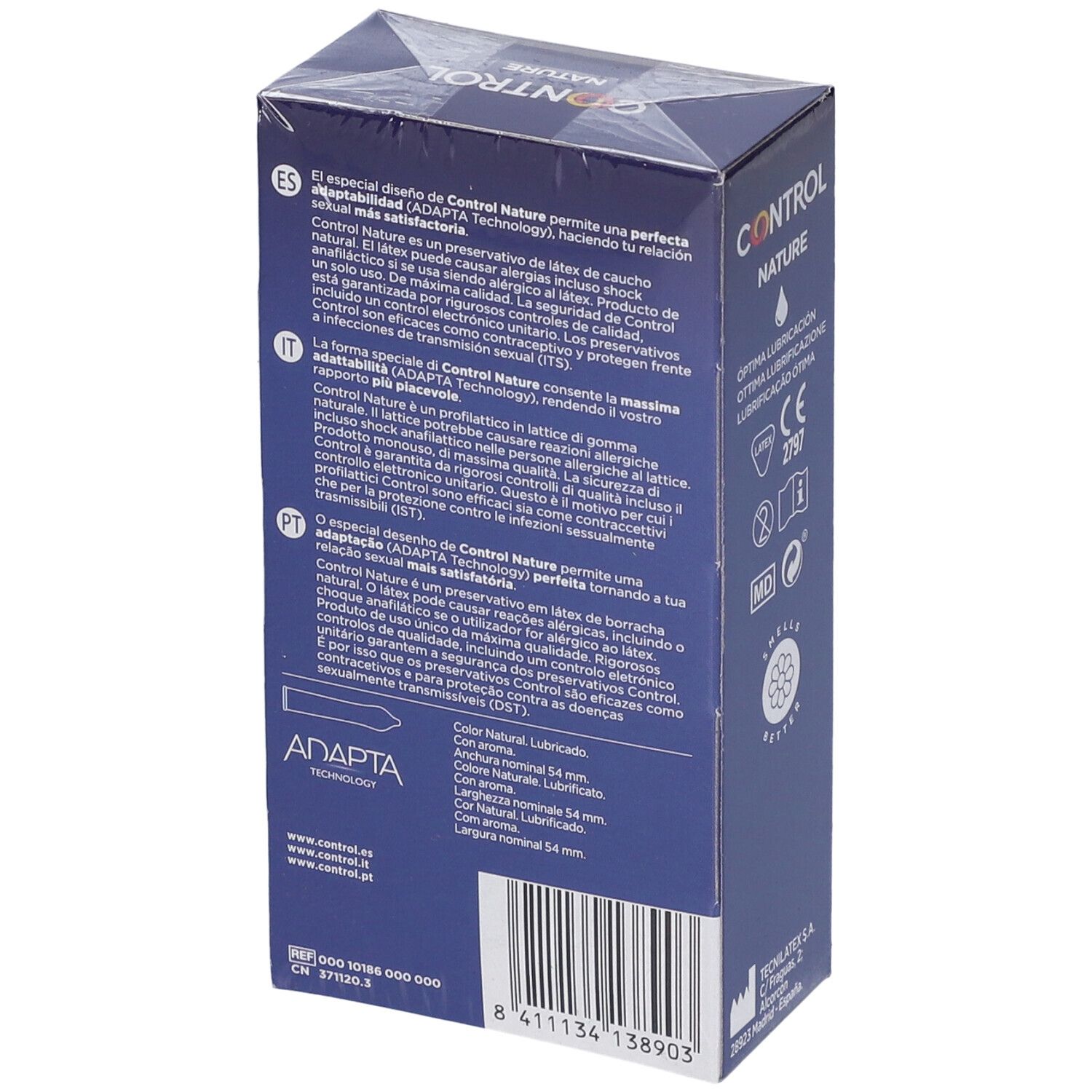 Rückseite einer blauen Schachtel mit CONTROL NATURE Kondomen. Text in Spanisch, Italienisch und Portugiesisch. ADAPTA Technologie.
