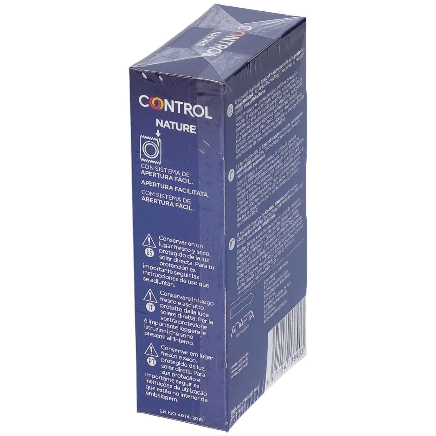 Blaue Schachtel mit CONTROL NATURE Kondomen. Aufschrift: Einfaches Öffnungssystem. Warnhinweise. ADAPTA Technologie.