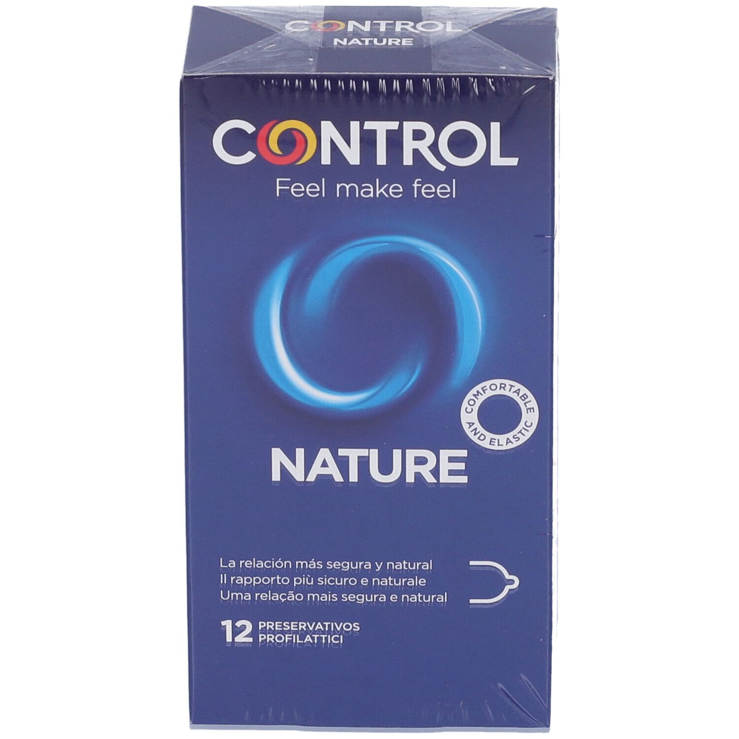 Blaue Schachtel mit CONTROL NATURE Kondomen. Aufschrift: Feel make feel. 12 Stück. Komfortabel und elastisch.