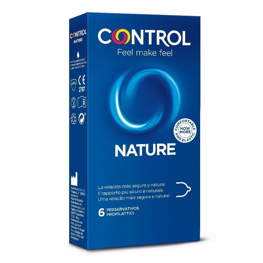 Packung Control Nature Kondome, 3 Stück. Blaue Verpackung mit Logo und Produktinformationen.