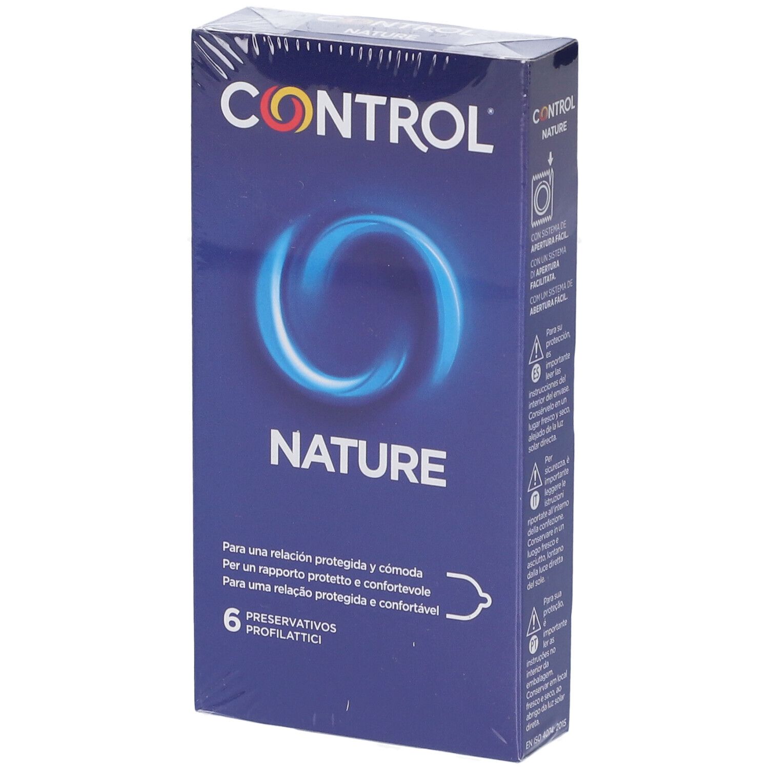 Blau verpackte Schachtel mit "CONTROL NATURE"-Logo. Enthält 6 Kondome. Text in Spanisch, Italienisch und Portugiesisch.