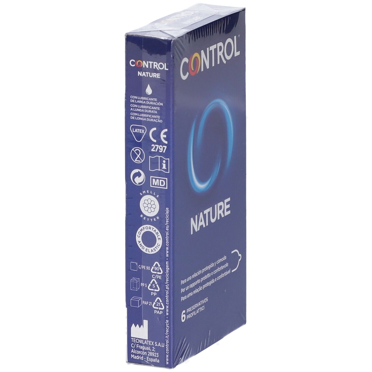 Blaue Schachtel "CONTROL NATURE". Seitliche Ansicht mit Logos, Text und CE-Kennzeichnung. Enthält 6 Kondome.