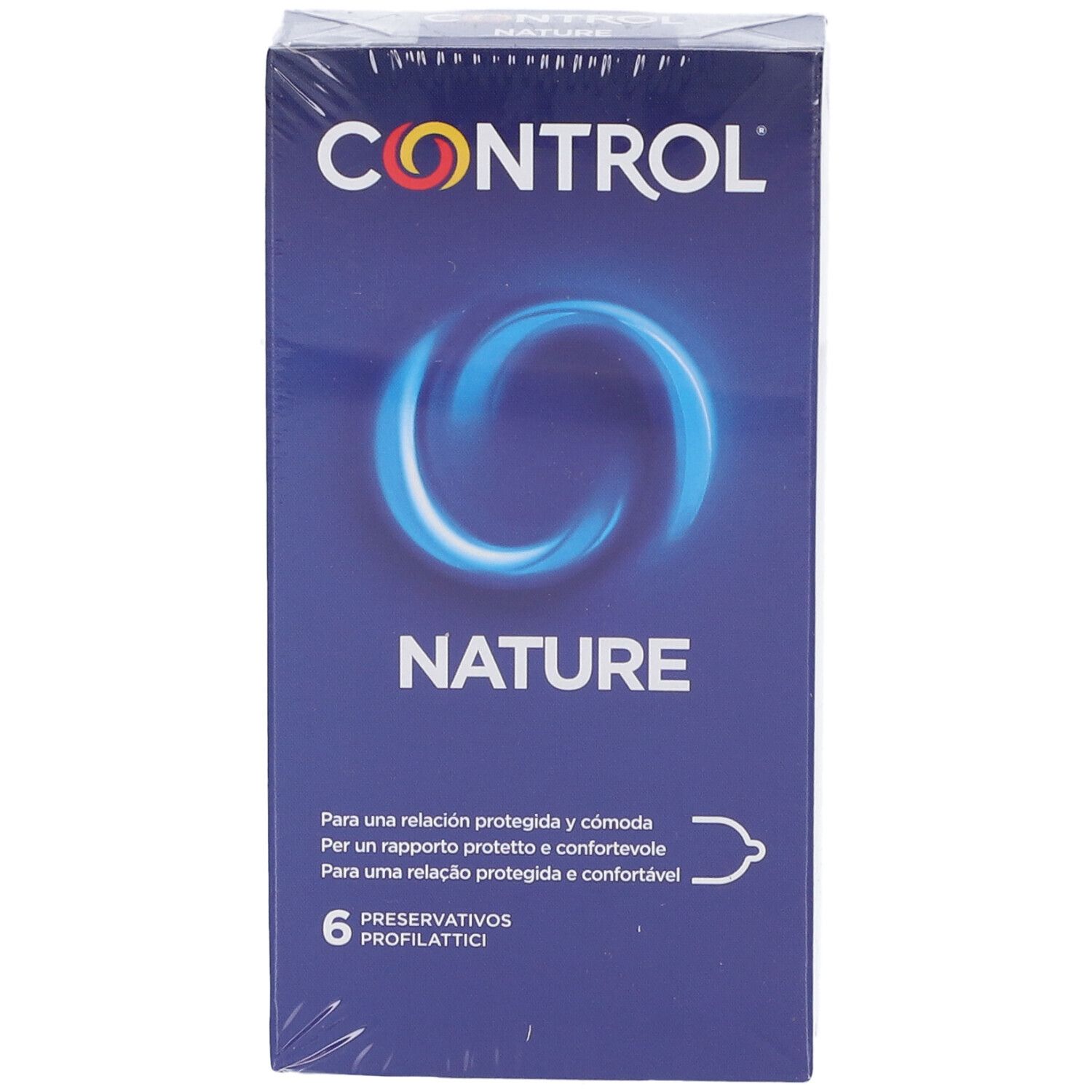 Blaue Schachtel "CONTROL NATURE" mit 6 Kondomen. Text in Spanisch, Italienisch und Portugiesisch. Produktverpackung.