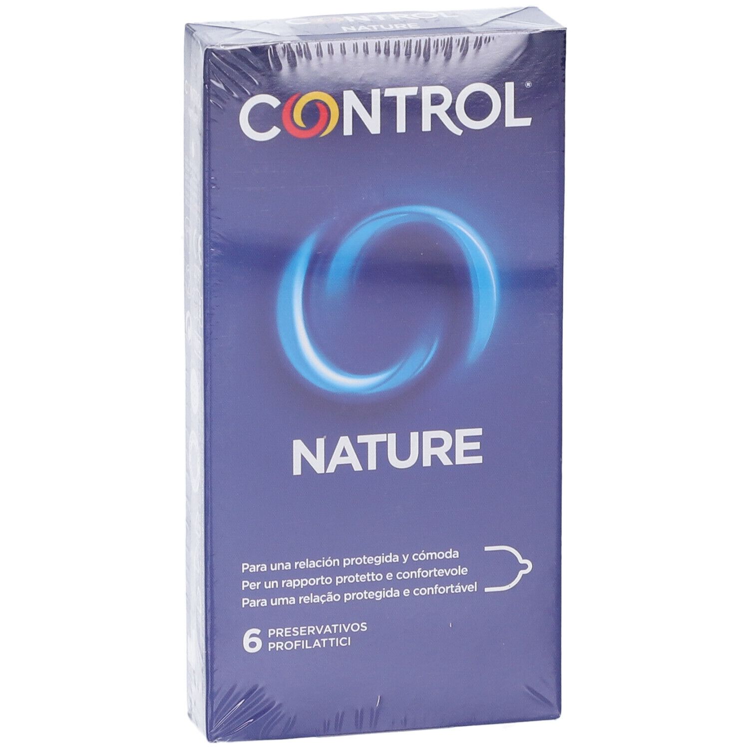 Blaue Schachtel "CONTROL NATURE" mit 6 Kondomen. Produktverpackung. Text in Spanisch, Italienisch und Portugiesisch.