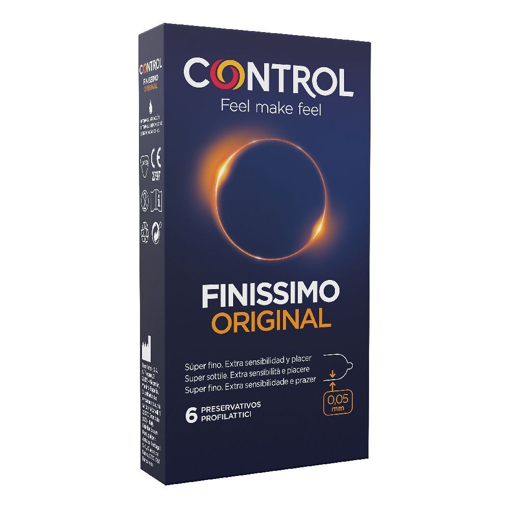 Control Finissimo Original Kondompackung, 6 Stück. Dunkelblau mit orangefarbenem Kreisdesign. Zeigt 0,05 mm Dicke.