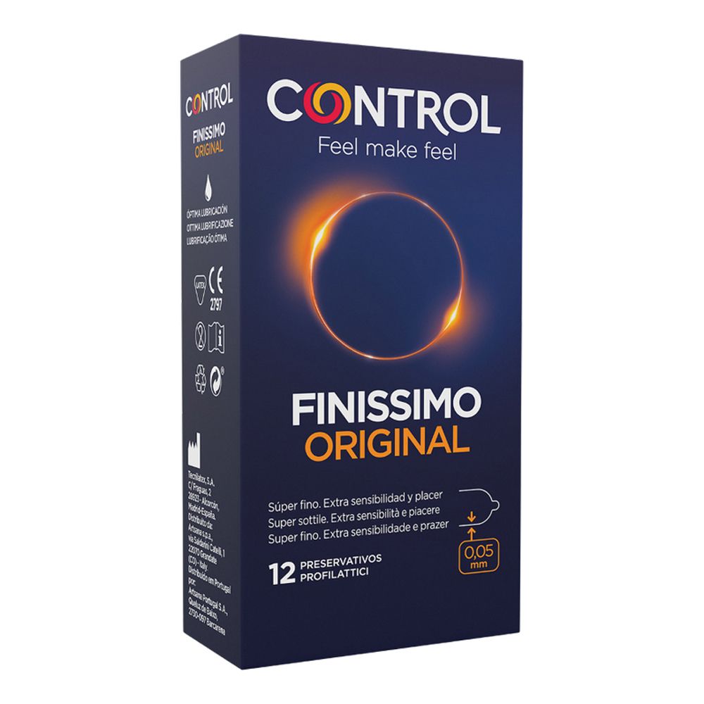 Dunkelblaue Schachtel mit "CONTROL Finissimo Original"-Logo. Enthält 12 Kondome. 0,05 mm dick. Verpackung mit Produktinformationen.