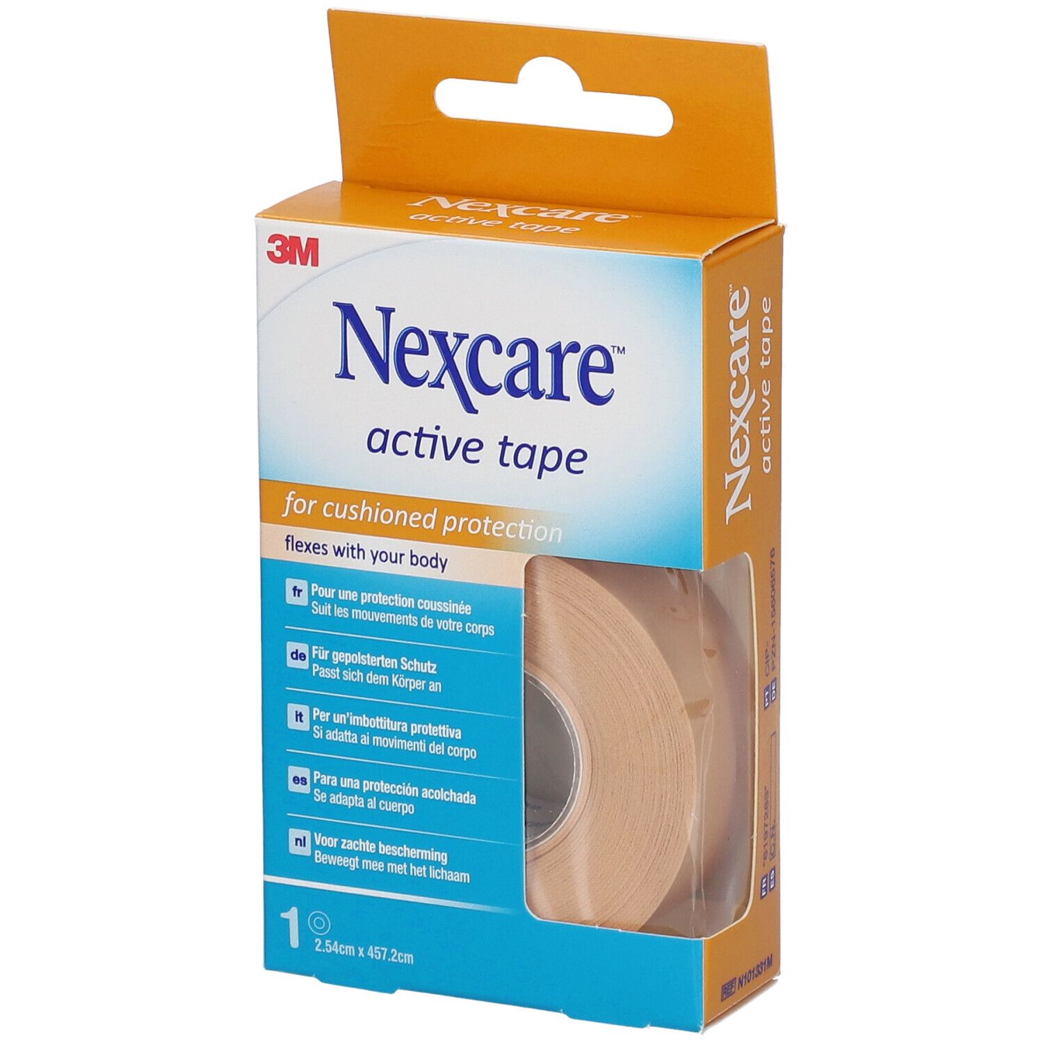 Verpackung von Nexcare Active Tape. Enthält eine Rolle. Aufdruck: 2,54 x 457,2 cm. Orangefarbene Schachtel mit Produktinformationen.