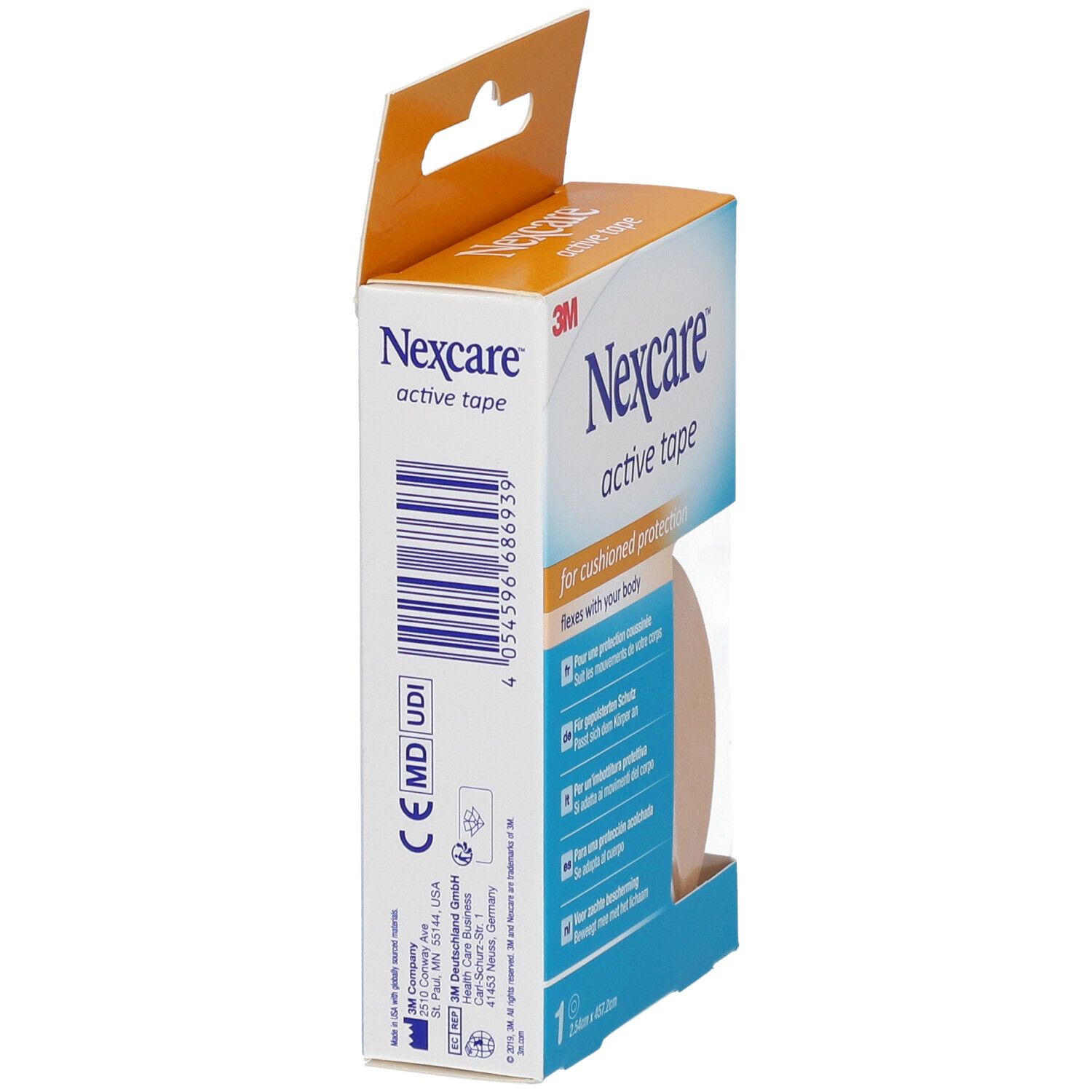 Seitenansicht der Nexcare Active Tape Verpackung. Barcode, CE-Kennzeichnung und Produktinformationen auf weißem Hintergrund.