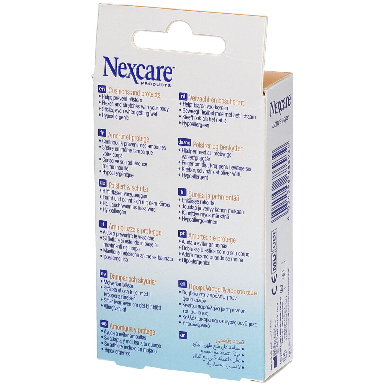 Rückseite der Nexcare Active Tape Verpackung. Mehrsprachige Produktbeschreibungen und Informationen.