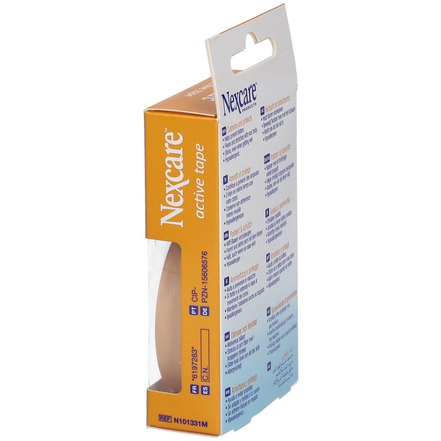 Seitenansicht der Nexcare Active Tape Verpackung. Zeigt die Rolle des Tapes. Orangefarbene Schachtel mit Produktinformationen.