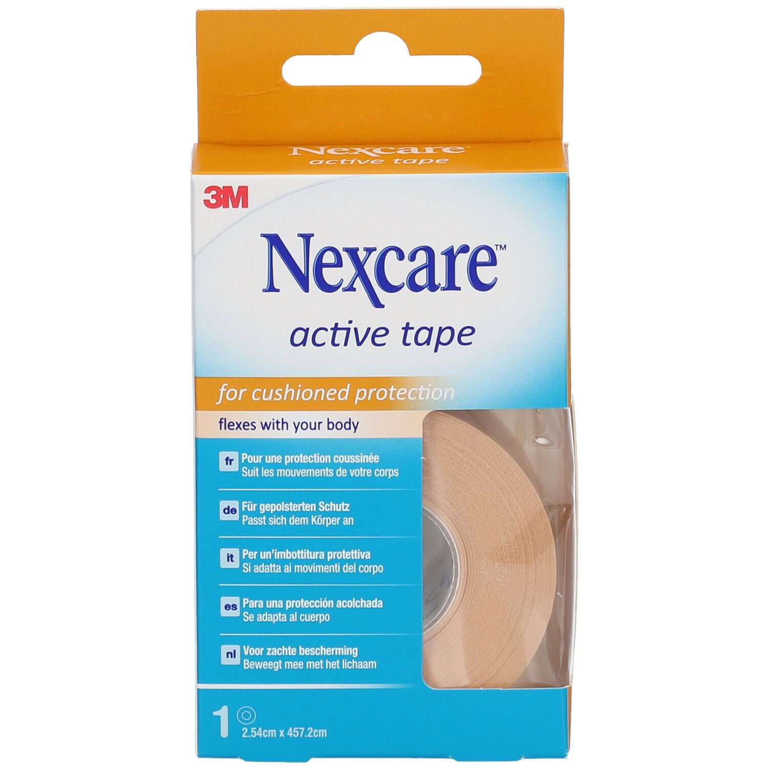 Nexcare Active Tape Verpackung. Enthält eine Rolle. Aufdruck: 2,54 x 457,2 cm. Orangefarbene Schachtel mit Produktinformationen.
