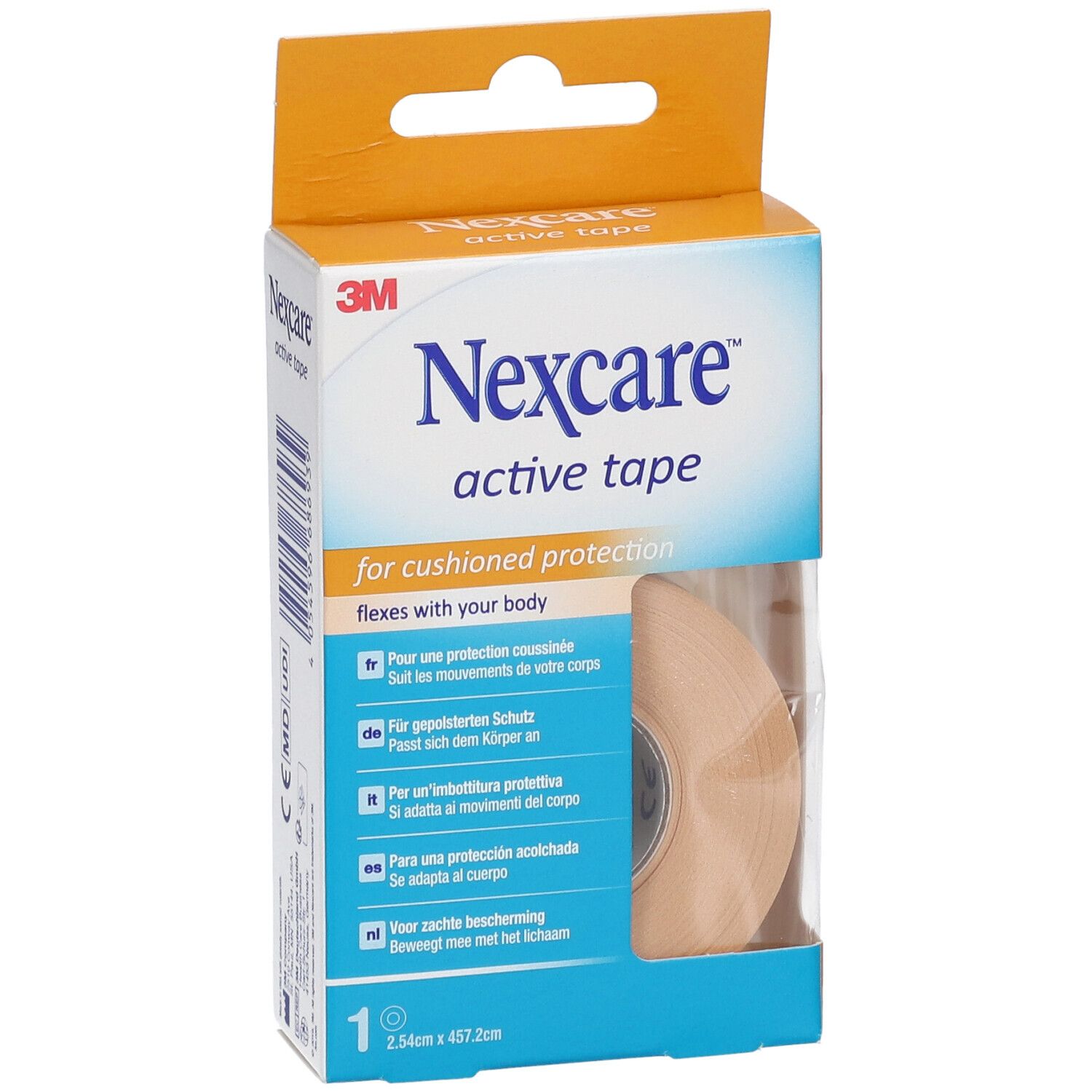 Nexcare Active Tape Verpackung. Enthält eine Rolle. Aufdruck: 2,54 x 457,2 cm. Orangefarbene Schachtel mit Produktinformationen.