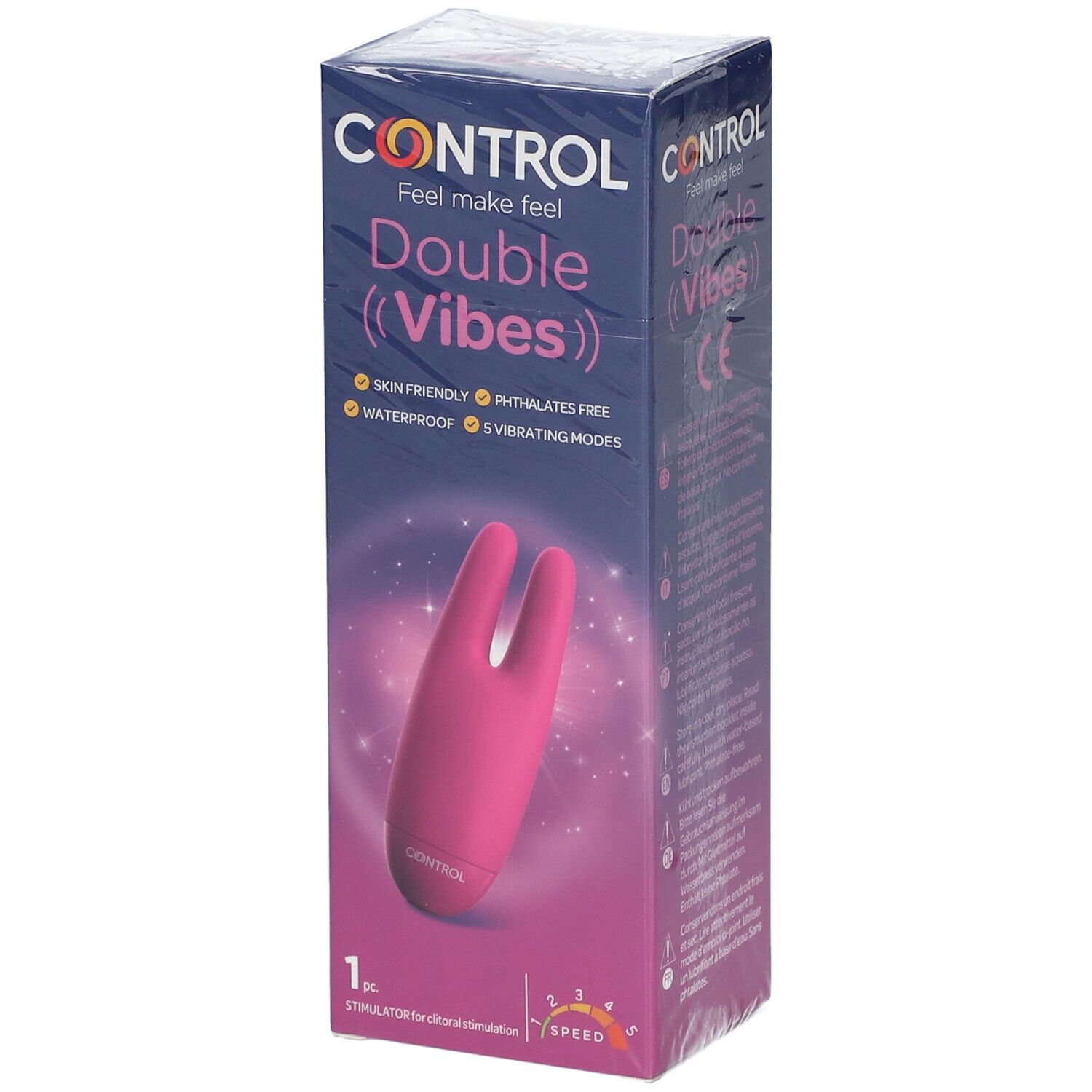 Verpackung mit rosa Doppelvibrator. Aufschrift: CONTROL Double Vibes. Merkmale: hautfreundlich, phthalatfrei, wasserdicht, 5 Vibrationsmodi.