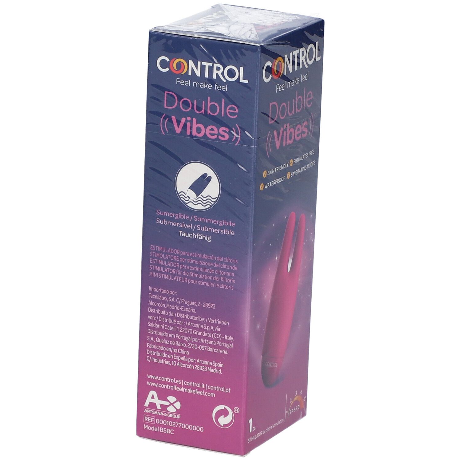 Verpackung mit rosa Doppelvibrator. Aufschrift: CONTROL Double Vibes. Produkt ist wasserdicht. Auf der Verpackung sind weitere Informationen abgebildet.
