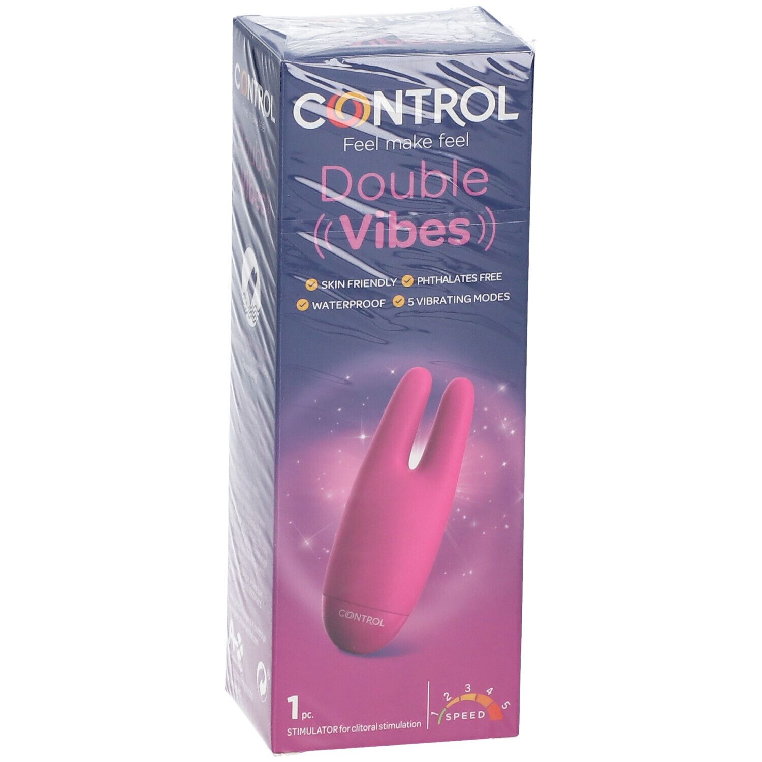 Verpackung mit rosa Doppelvibrator. Aufschrift: CONTROL Double Vibes. Merkmale: hautfreundlich, phthalatfrei, wasserdicht, 5 Vibrationsmodi. 1 Stück.