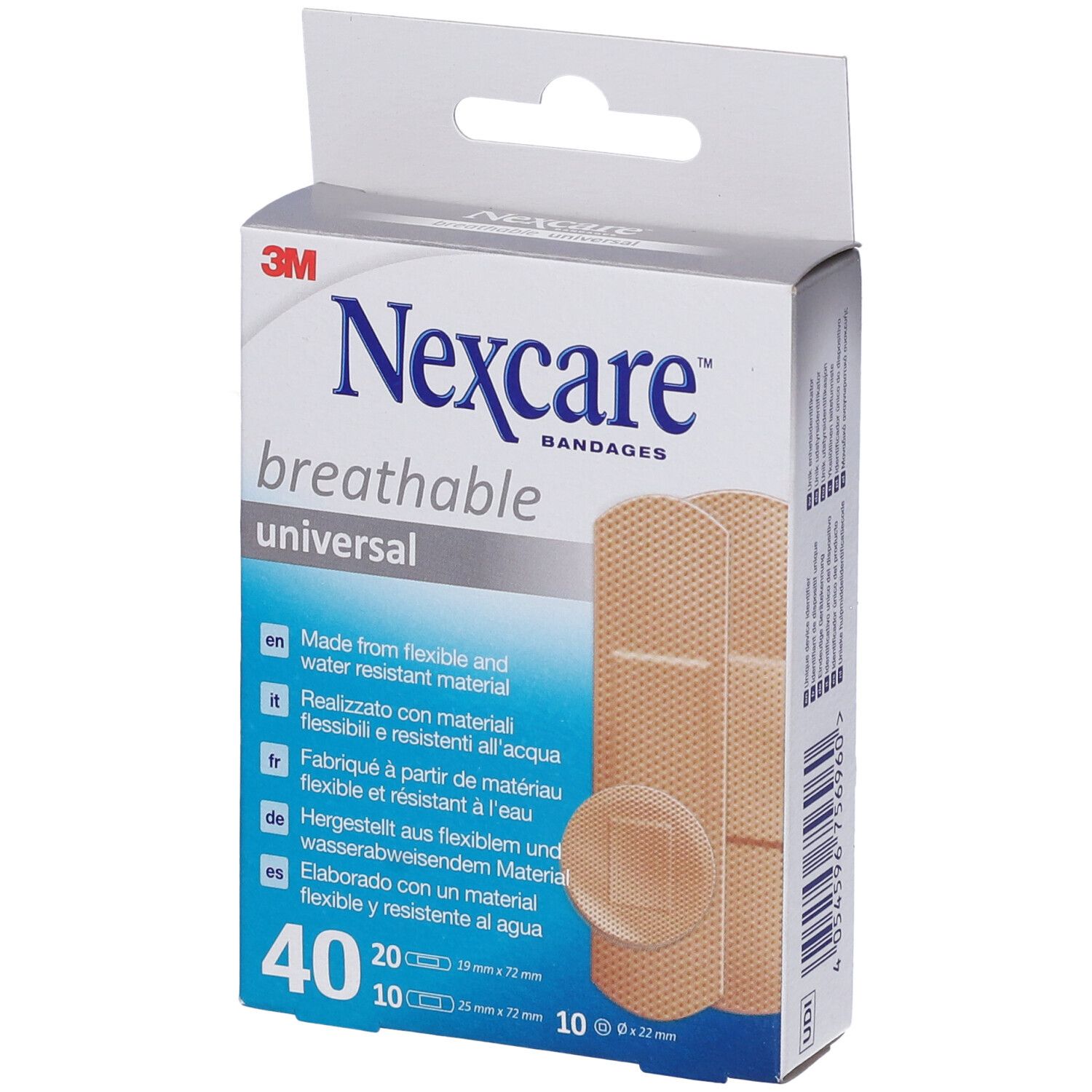 Verpackung mit 3M Nexcare Breathable Universal Pflastern. Enthält 40 Pflaster, verschiedene Größen. Sichtbar: 20 x 19mm, 10 x 25x72mm, 10 x 10x22mm.
