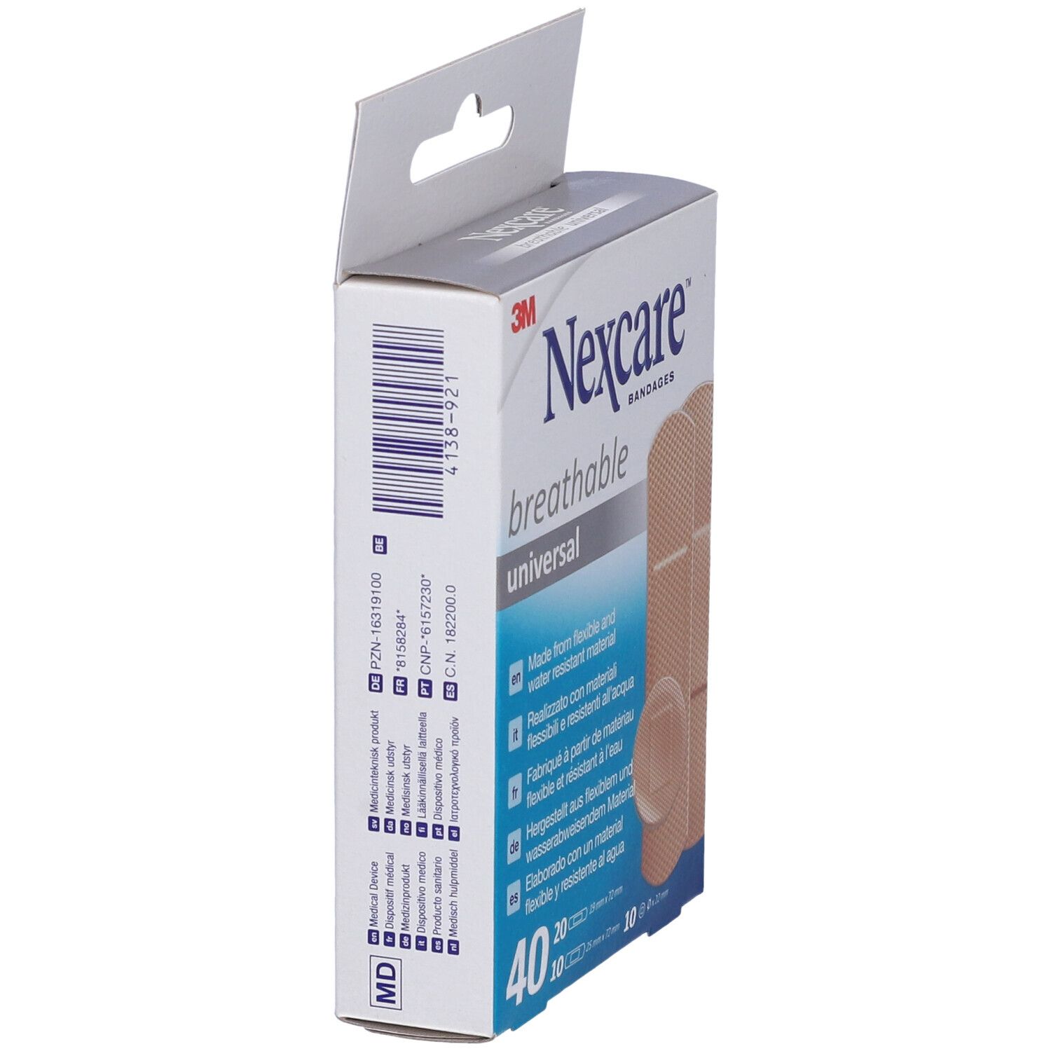 Seitenansicht der 3M Nexcare Breathable Universal Pflasterverpackung. Enthält 40 Pflaster. Produktinformationen und Barcode auf der Seite.