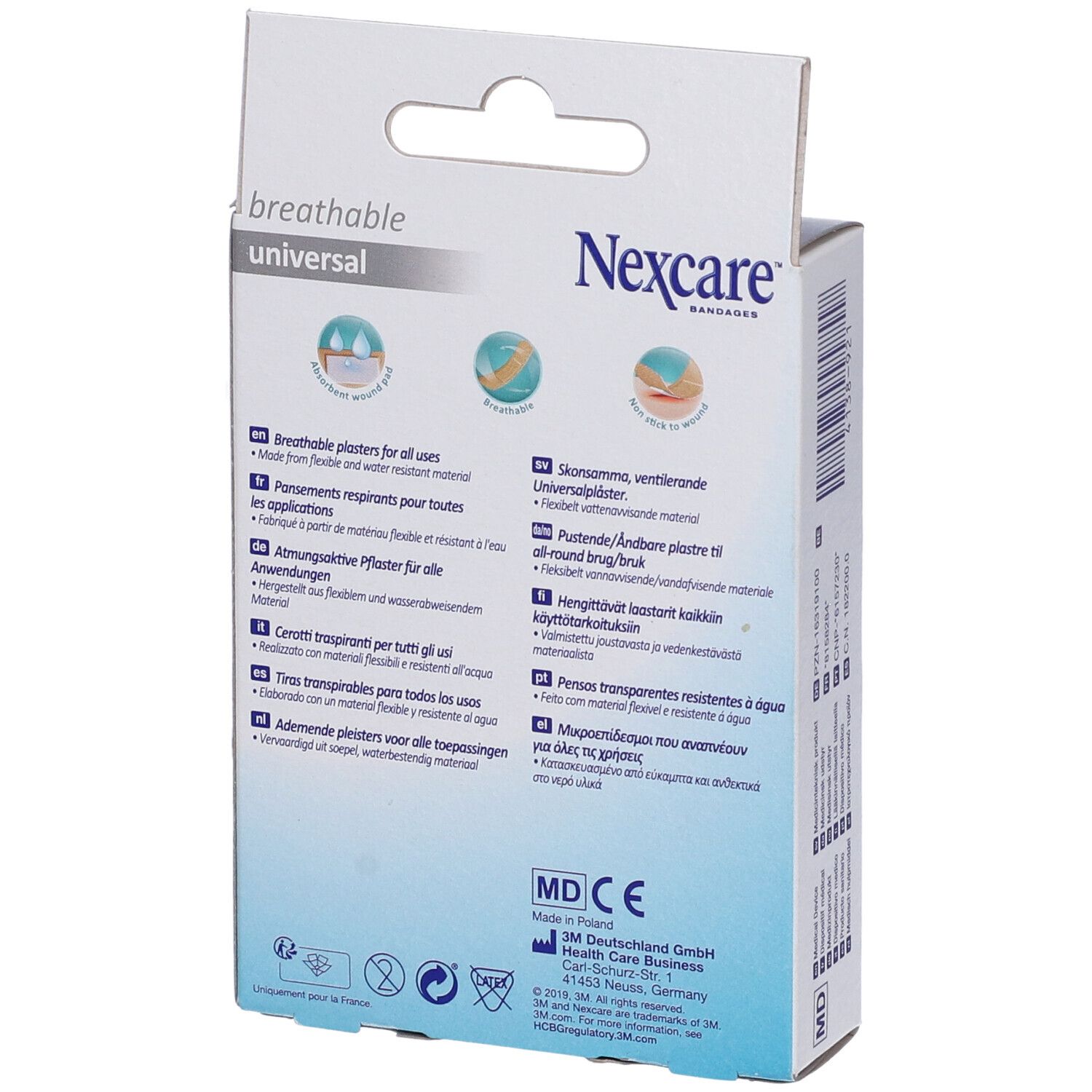Rückseite der 3M Nexcare Breathable Universal Pflasterverpackung. Produktmerkmale in verschiedenen Sprachen. CE-Kennzeichnung.