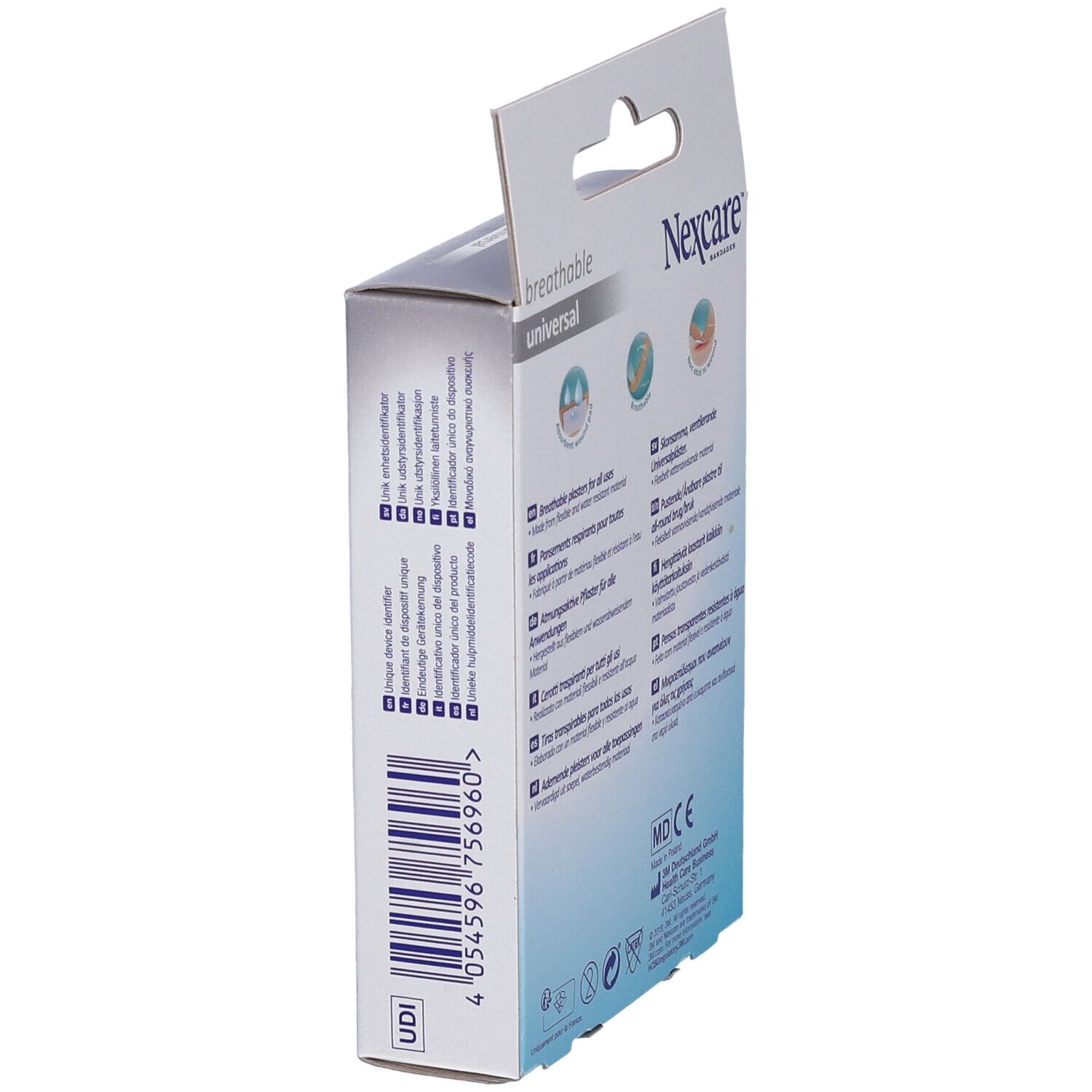 Seitenansicht der 3M Nexcare Breathable Universal Pflasterverpackung. Barcode und Produktinformationen. CE-Kennzeichnung.